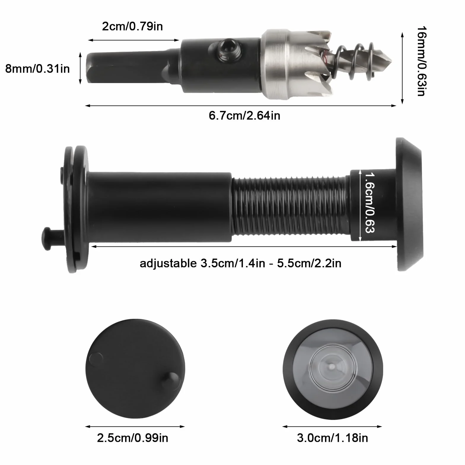 Wizjer do drzwi z ochroną przed wzrokiem, szerokokątne 180°, optyczne soczewki szklane, otwór szpiegowski Ø 14 mm, regulowana długość, do drzwi 35-60 mm, z 1 wiertłem