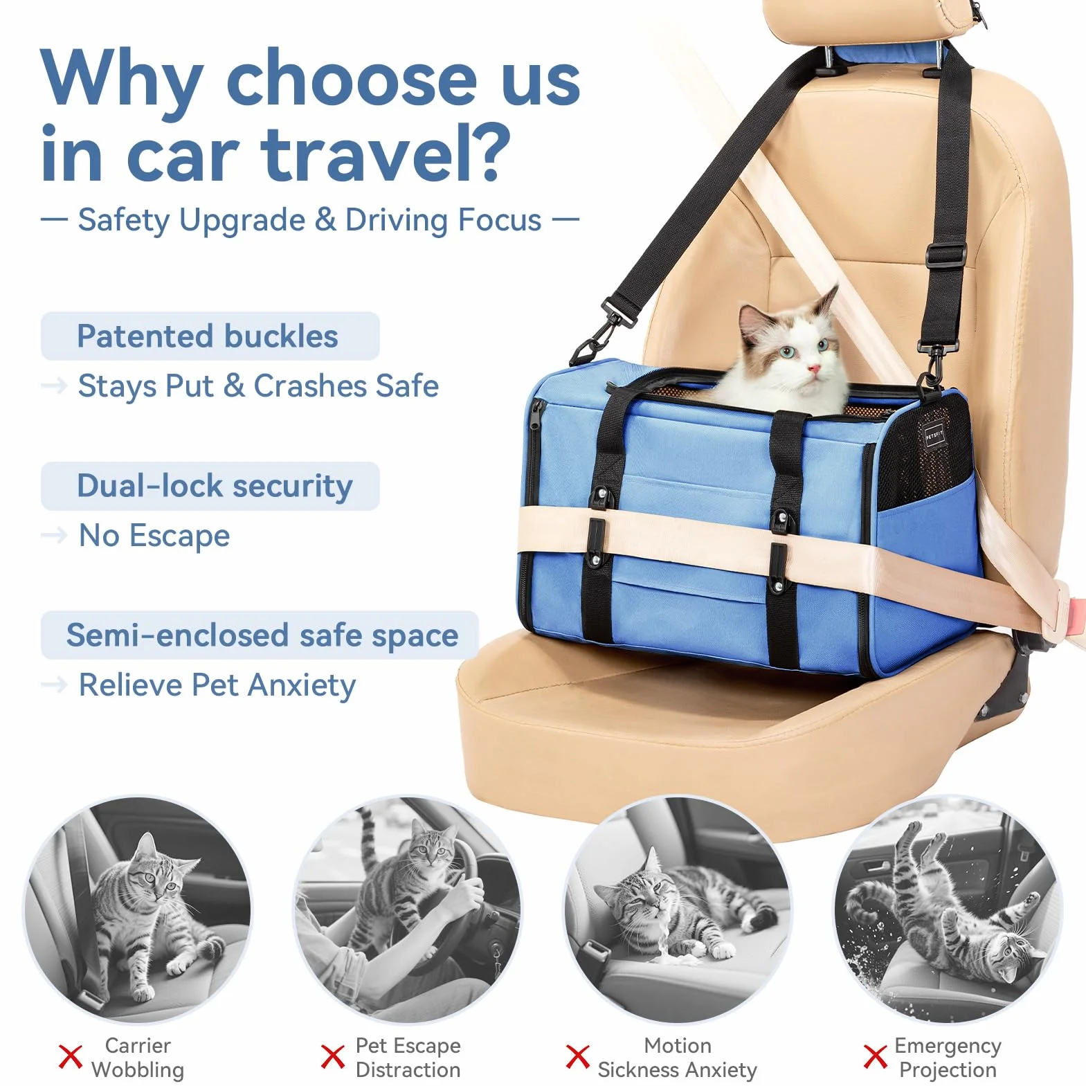 Petsfit Bagażnik samochodowy dla kota, nosidełko podróżne dla szczeniaka z ulepszoną opatentowaną klamrą bezpieczeństwa, przenośna chusta transportowa dla psa, torba podróżna z paskiem na ramię i