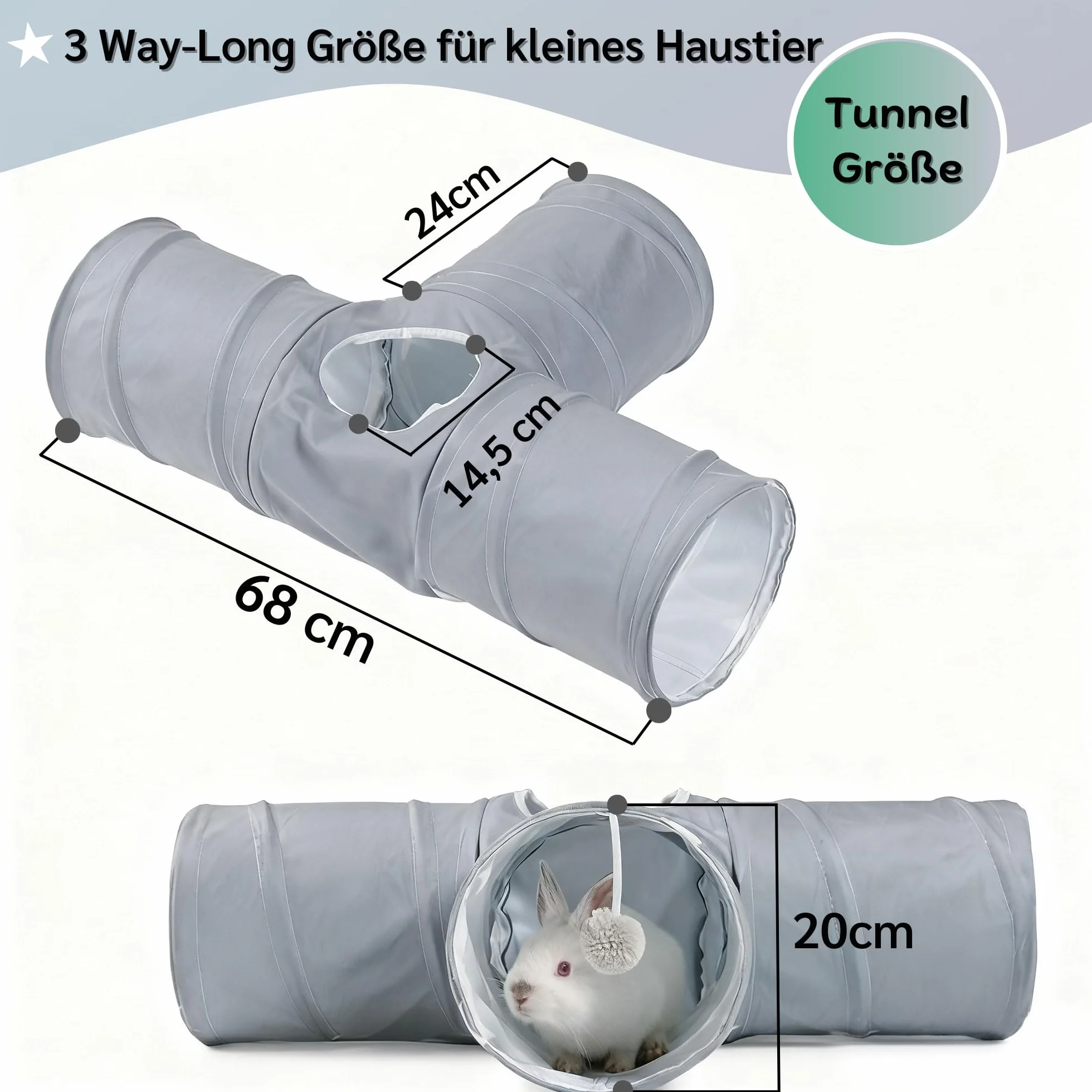 Bunny tunel dla królików 3-drożny zabawka czysty szary