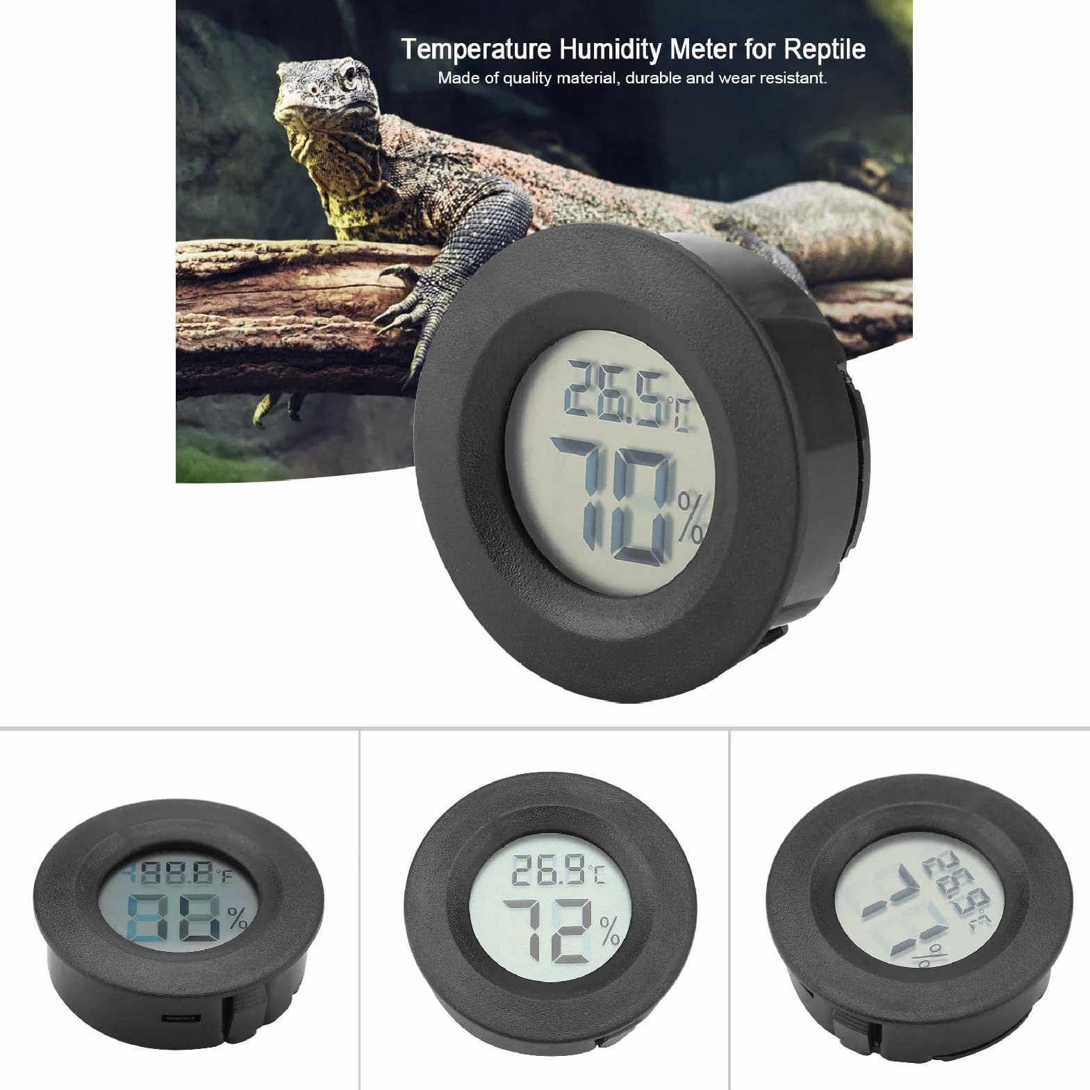 Mini Cyfrowy Termometr Higrometryczny Wewnętrzny Monitor Temperatury Powietrza Z Dużym Wyświetlaczem Lcd I Podświetleniem Dla Gadów (Czarny)