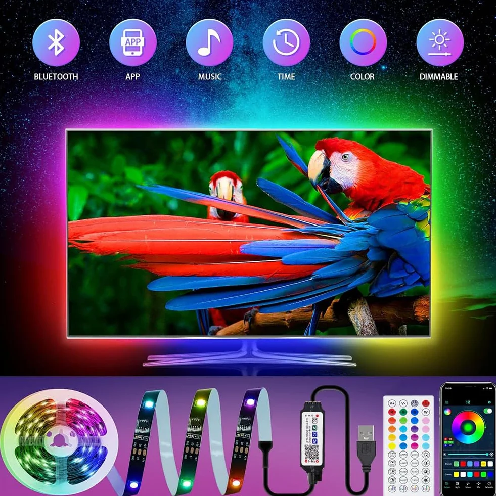 TV LED Podświetlenia 2M, Bluetooth APP Control, Music Sync Color Changing, wrażliwy Mic, Timing Function, USB Powered, Taśma LED do dekoracji kuchni w sypialni TV