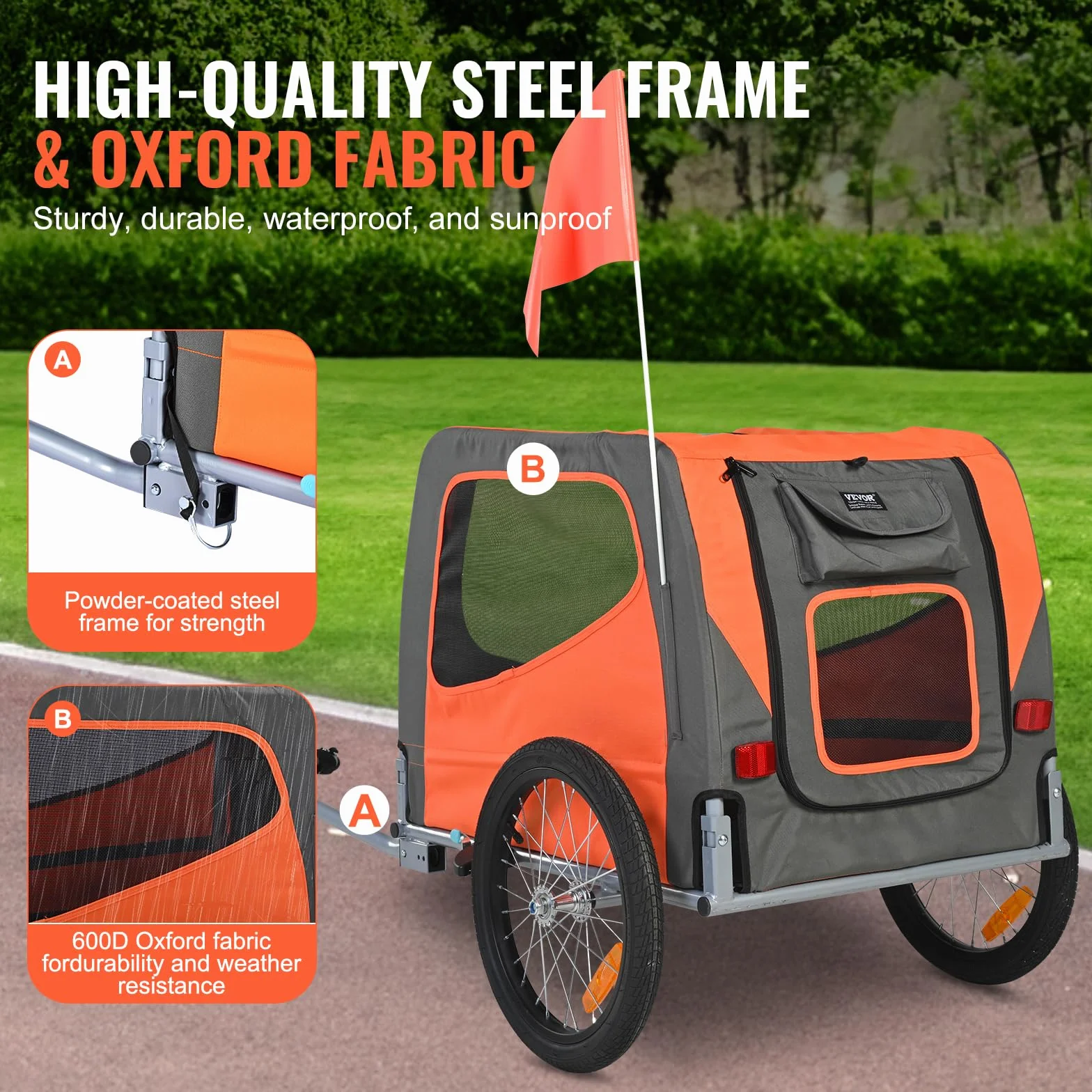 VEVOR Składana Przyczepa dla psa 30 kg stal węglowa Oxford 600D 1440x720x779 mm pomarańczowo-szara