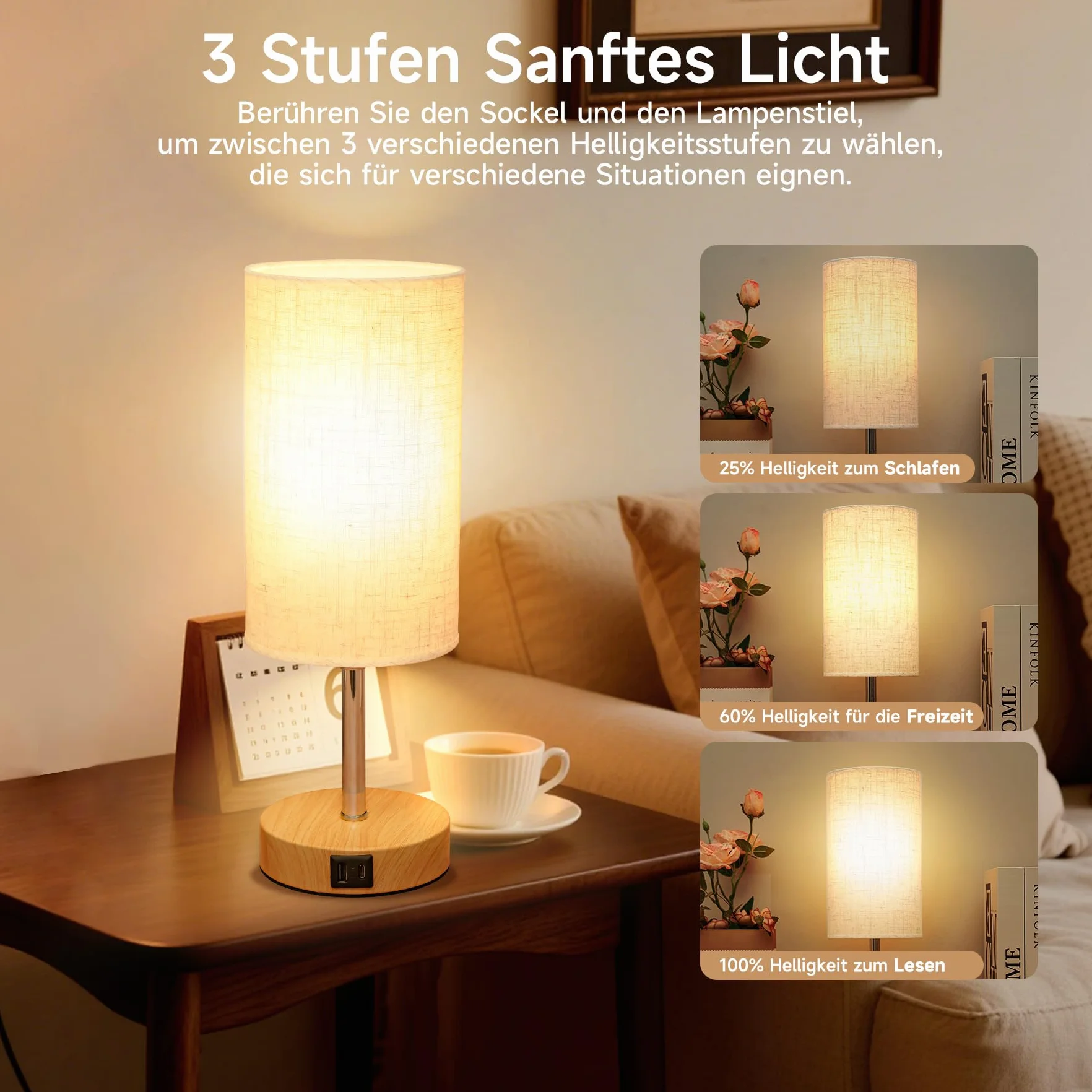 Görvitor Lampka nocna dotykowa, ściemniana, zestaw 2 sztuk, lampa stołowa z portami ładowania USB A/C, abażur lniany i 3 poziomy jasności, lampka nocna z kablem do sypialni (żarówka 9 W w zestawie)
