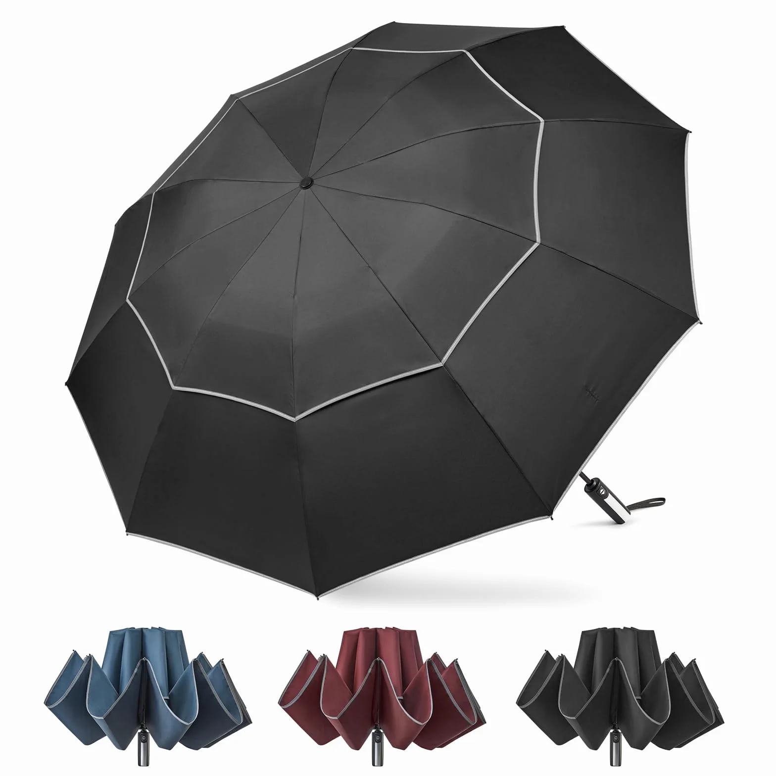 G4Free 152 cm automatycznie otwierany składany parasol z odblaskowym paskiem, 10 żeber, duży parasol golfowy, podróżny, kompaktowy, odwrócony parasol, wiatroszczelny, podwójny baldachim
