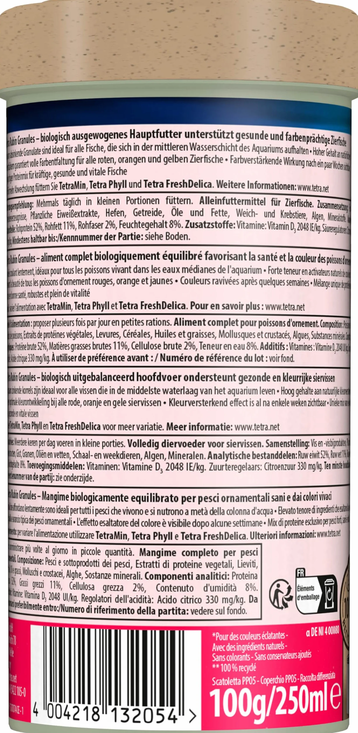 Tetra Rubin Granules – karma dla ryb w postaci granulatu z naturalnymi wzmacniaczami kolorów, idealna dla wszystkich ryb w środkowej warstwie wodnej akwarium, puszka 250 ml