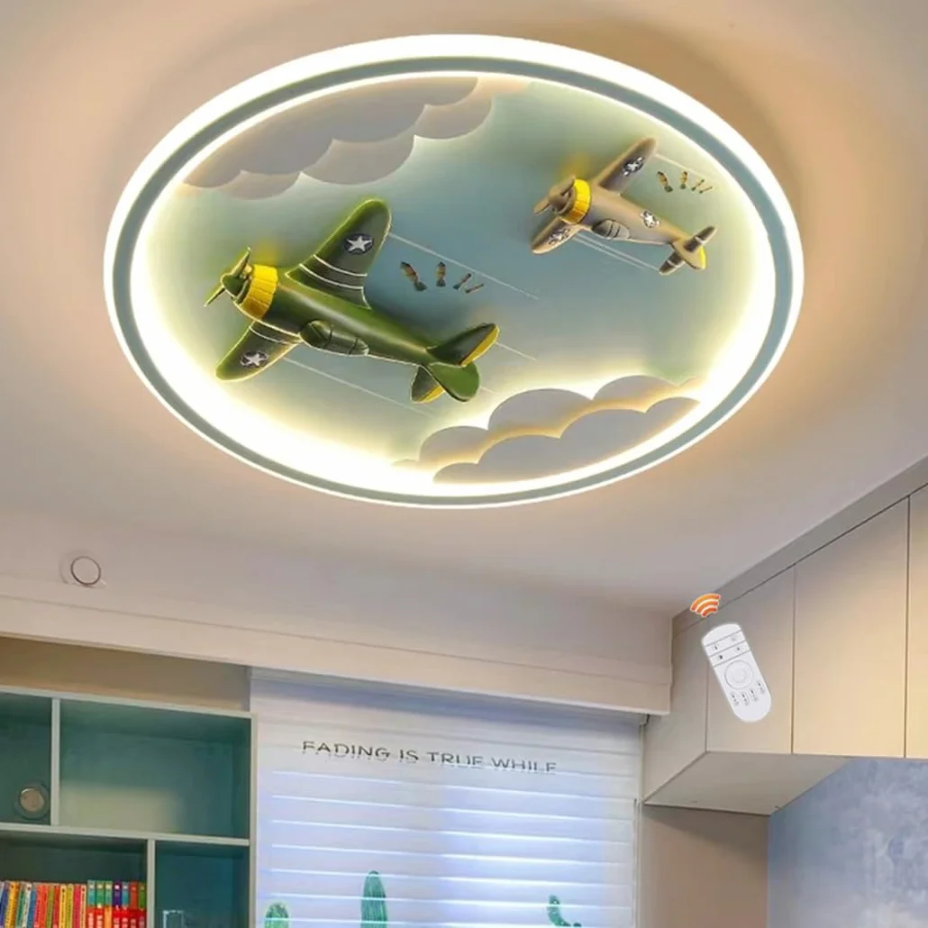Lampa Sufitowa Dla Dzieci LED Lampa Sufitowa Samolot Kreatywna Ściemnialne Lampa Wisząca Żywicy Oświetlenie Pokoju Chłopców I Dziewcząt Z Pilotem Lampa Do Sypialni Przedszkola Okrągły Niebieski,50cm