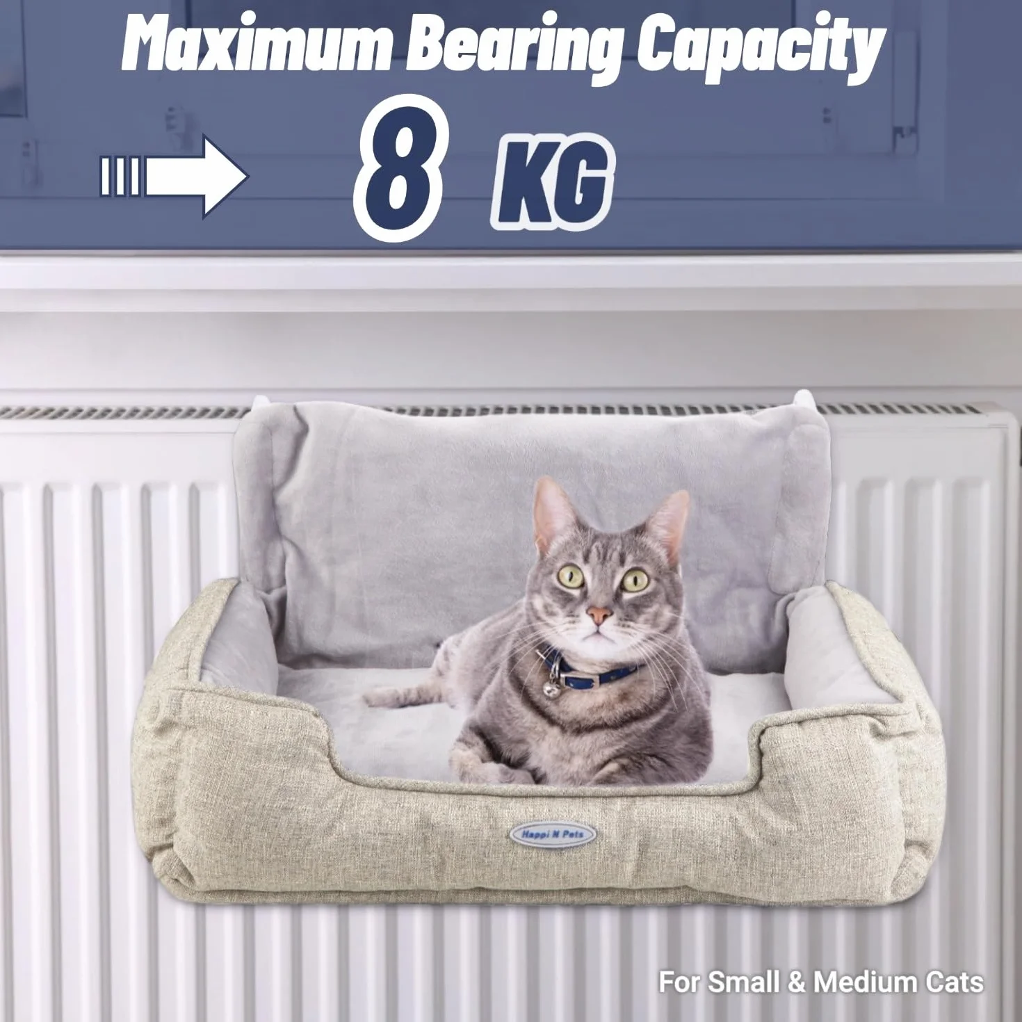 Happi N Pets Łóżko dla kota ogrzewane, ciepłe i stabilne siedzisko dla dużych kotów, z zmywalną pluszową poszewką, regulowanym metalowym haczykiem, wygodny hamak, beżowe