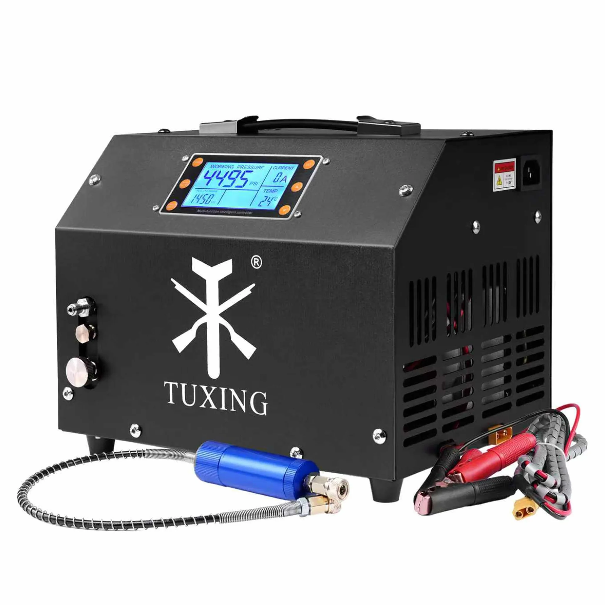 TUXING PCP 4500Psi Sprężarka powietrza, regulowana sprężarka wysokociśnieniowa z automatycznym zatrzymaniem, wersja z wyświetlaczem LCD, wyposażona w system chłodzenia wodą, zbiornik do nurkowania