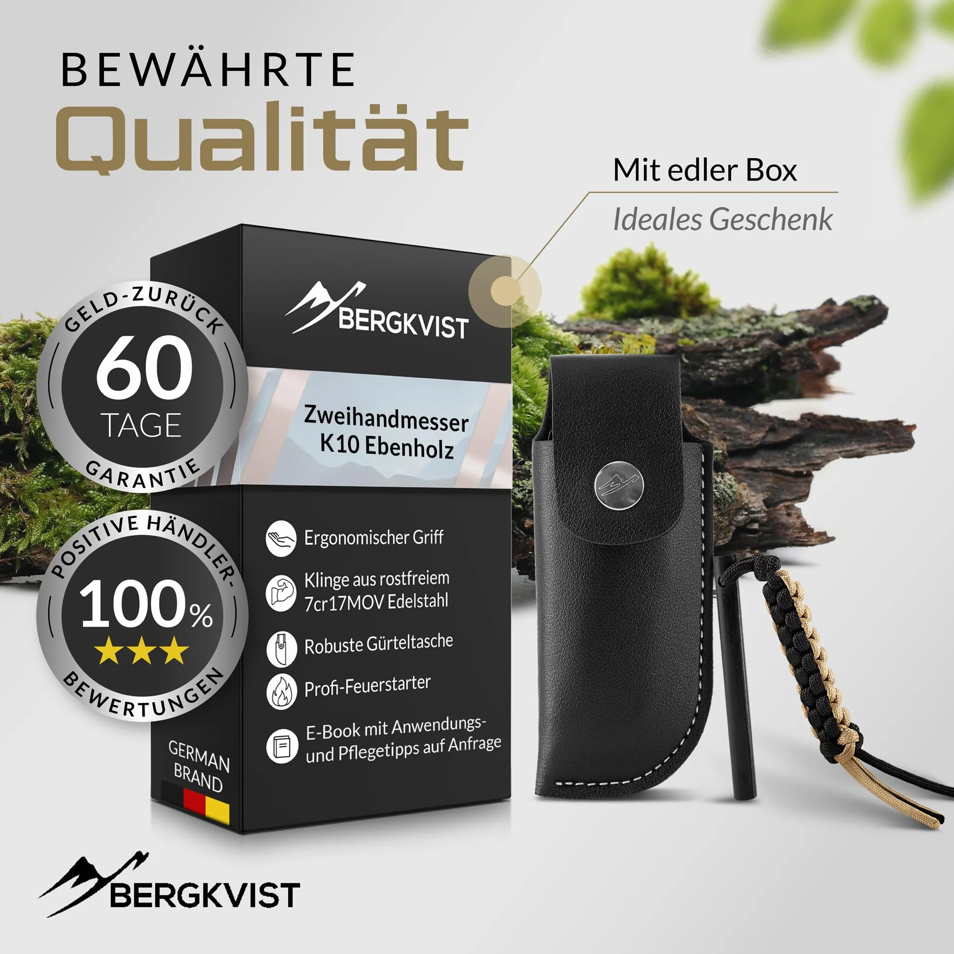BERGKVIST K10 Nóż składany (dwuręczny) - ostry nóż outdoorowy, survivalowy, myśliwski, ze stalą ogniową i torbą na pasek - hebanowy uchwyt