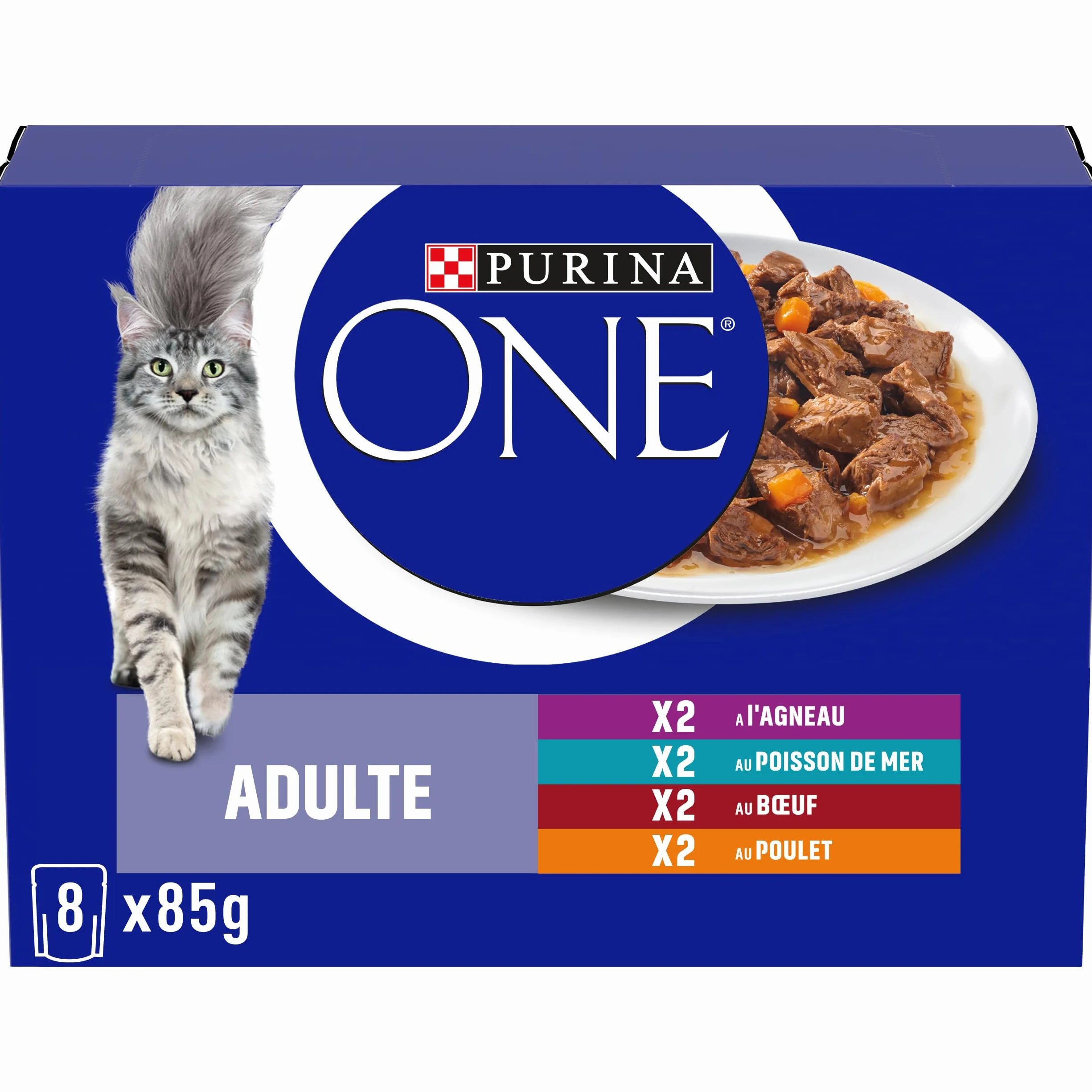PURINA ONE Dorosły kot w sosie z kurczaka, wołowina, jagnięcina, ryba morska 8 x 85 g - saszetki na posiłki dla dorosłych kotów