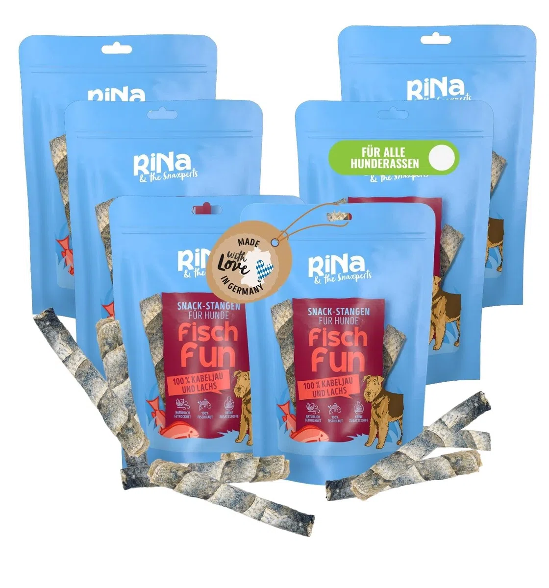 RiNa`s Dorsz i łosoś – naturalne przysmaki dla psów z ryb – nadziewane pręty 6 x 140 g