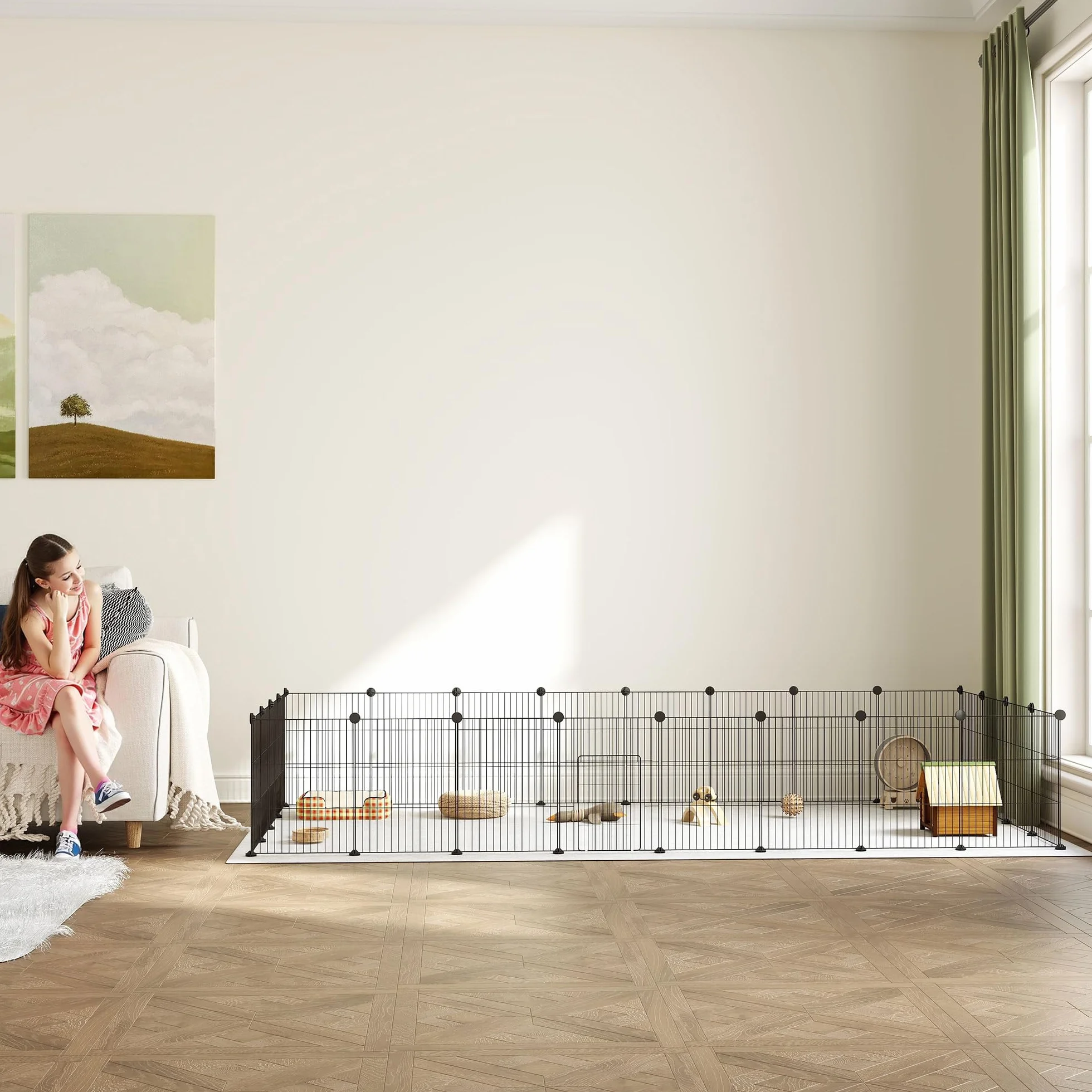 PawHut Wybieg dla królików, świnek morskich, małych zwierząt, z drzwiami i kratką ze stali, do wnętrz, 120 x 60 x 80 cm, czarny