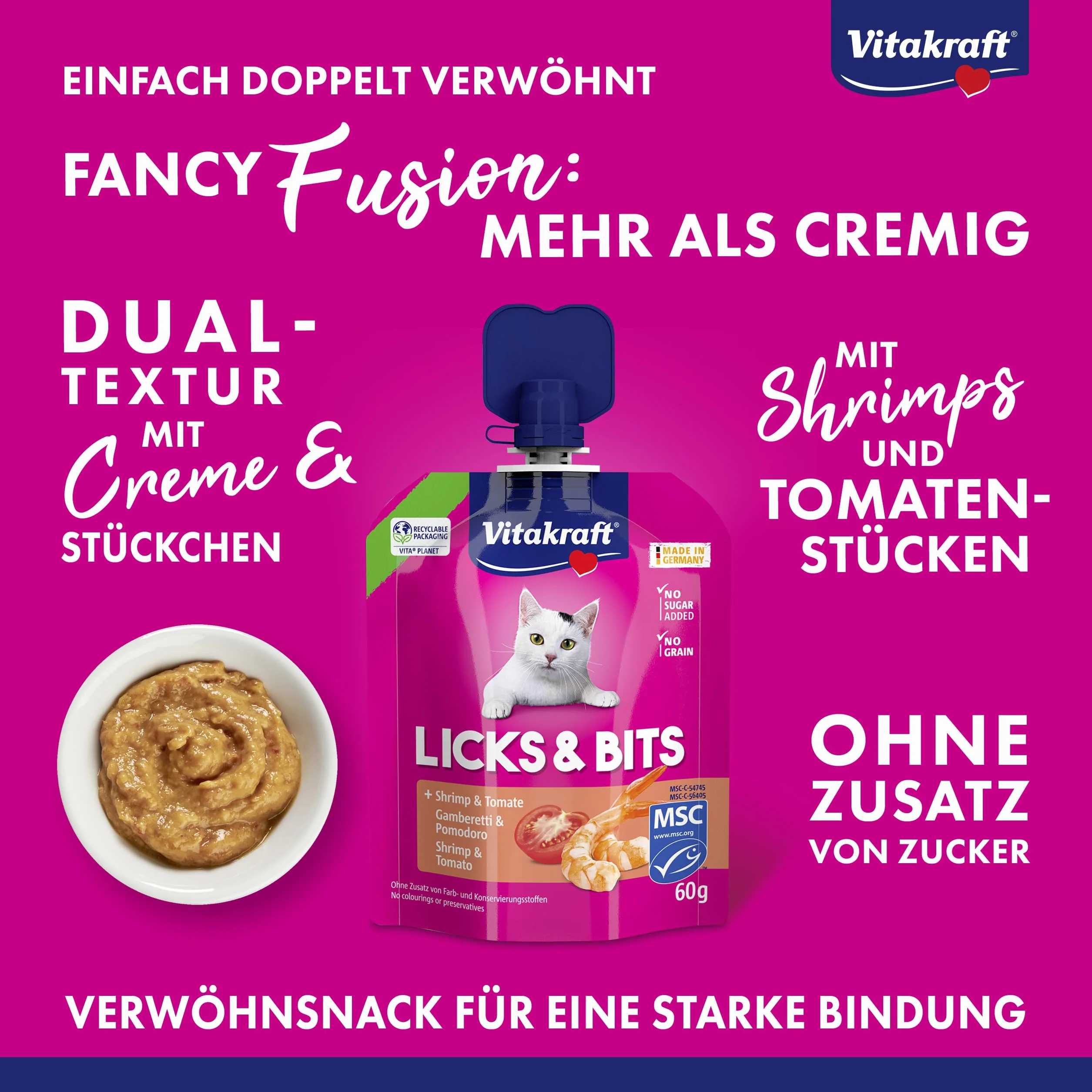 Vitakraft Licks & Bits, miękki krem z kawałkami w formacie zgniatania, z krewetkami i pomidorami, możliwość ponownego zamknięcia, bez dodatku cukru (1 x 60 g)