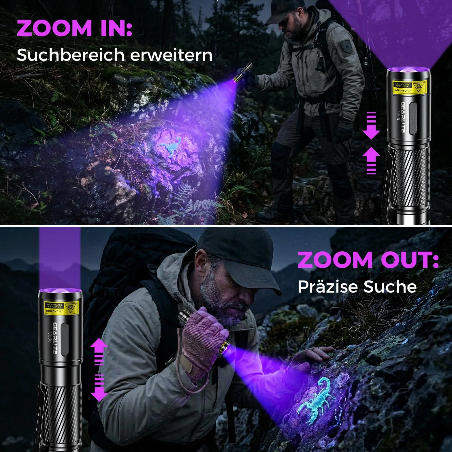 GEARLITE Latarka LED UV do ponownego ładowania, lekka mini lampa UV, światło ultrafioletowe o długości 395 nm, wytrzymała, wodoodporna, do poszukiwania bursztynów, geocachingu, detektorów zwierząt