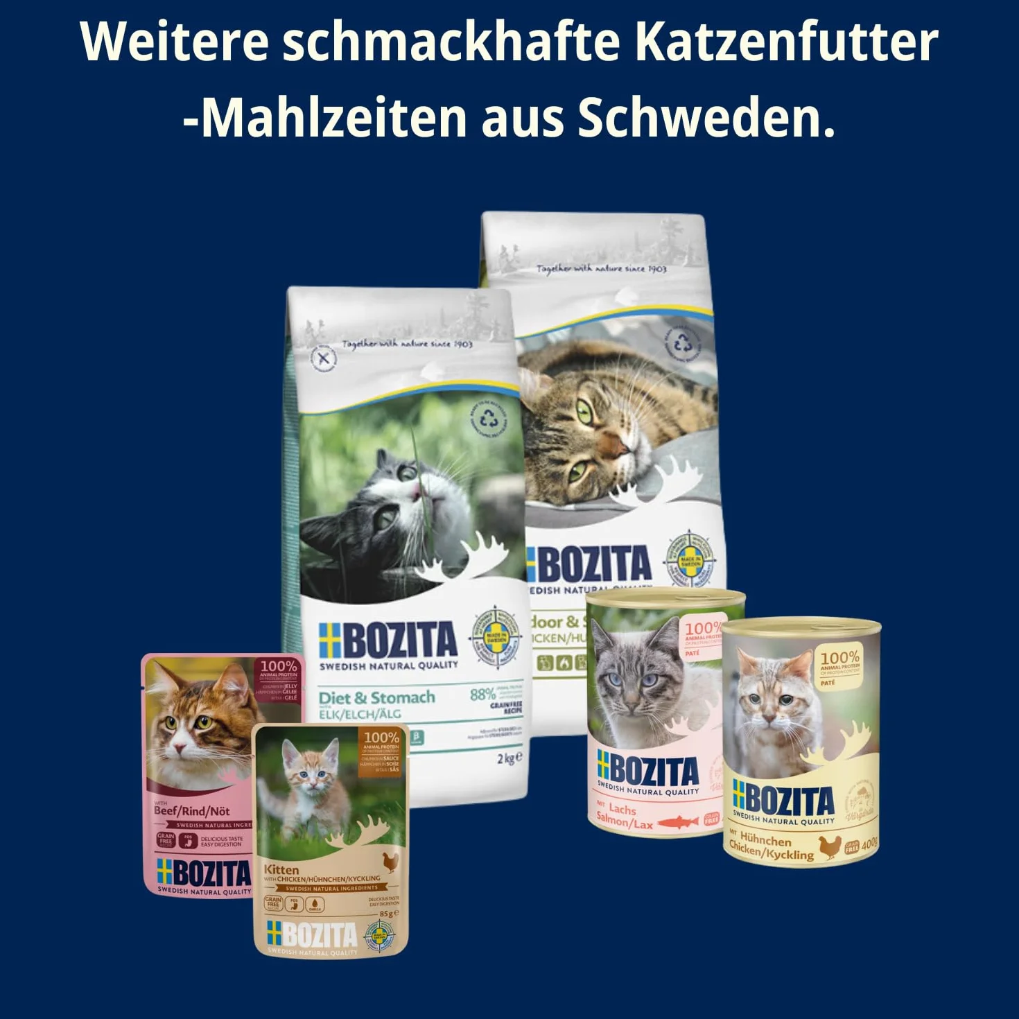Bozita Zestaw próbny mokra karma dla kotów 4+2 Tetra Mixpack przekąski w sosie 6 x 370 g – bez zbóż, bez cukru, bez barwników – po 2 x dużo kurczaka i indyka, królika, łososia