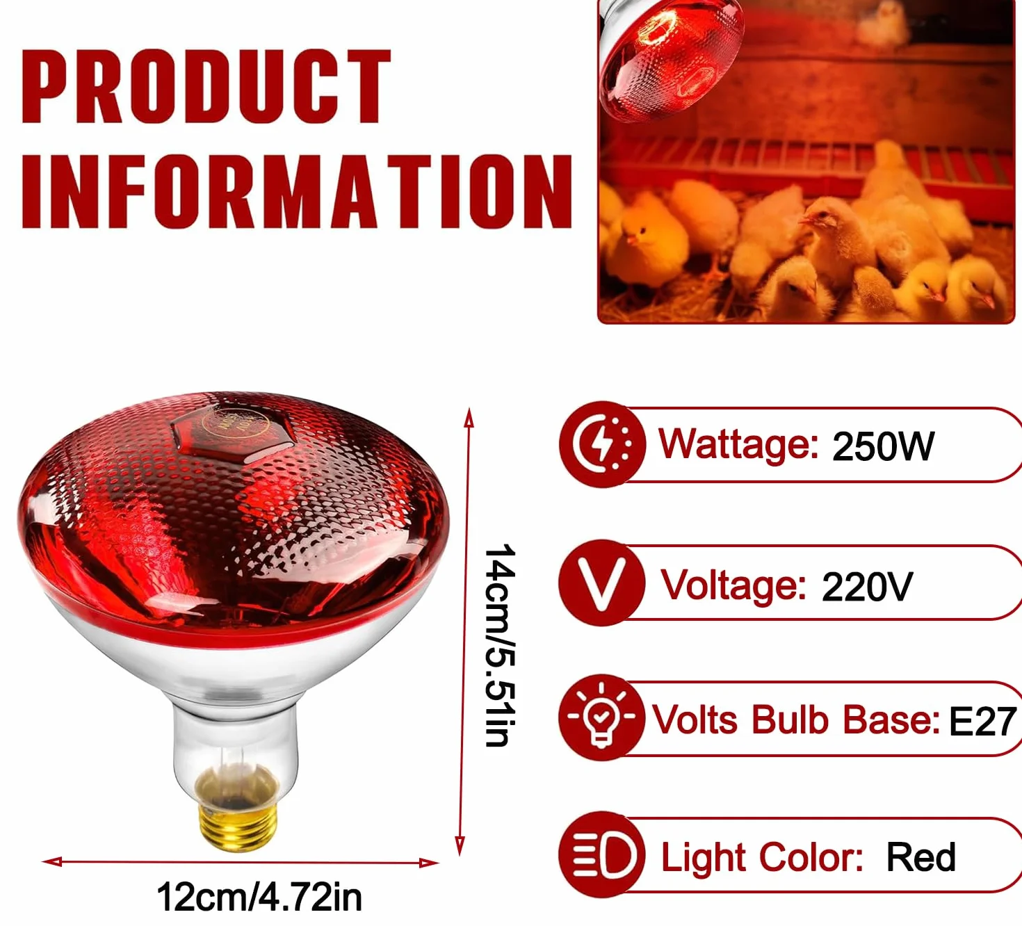 Terrarium dla gadów, 250 W, lampa na podczerwień, E27 Basking Spot do hodowli kur, świń, psów, oświetlenia żywności, łazienki
