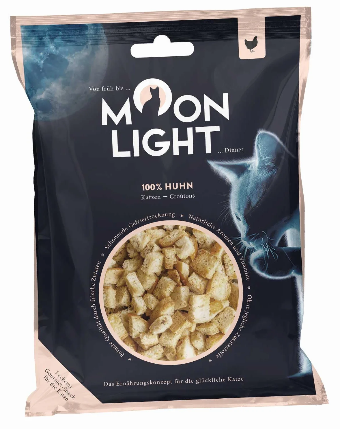 Moonlight grzanki dla kotów, 1 opakowanie – kurczak, liofilizowany, 100% kurczak, przekąska dla kota premium i polewy, chrupiące i czyste, bez zbóż i cukru