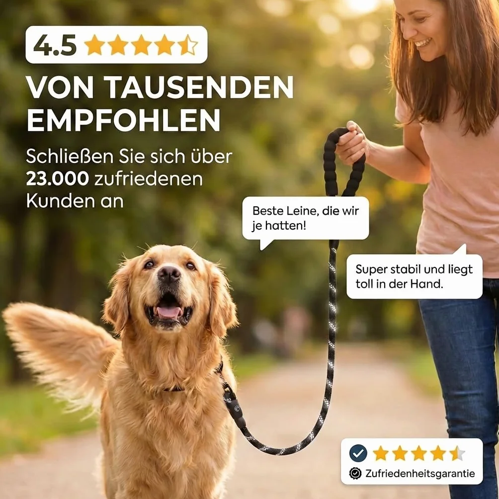 HUND IST KÖNIG Smycz dla psa, na spacery i treningu, z miękkim uchwytem i elementami odblaskowymi, idealna smycz do noszenia na co dzień dla psów o wadze 10-25 kg (True Black, 3,0 x 1,2 cm)