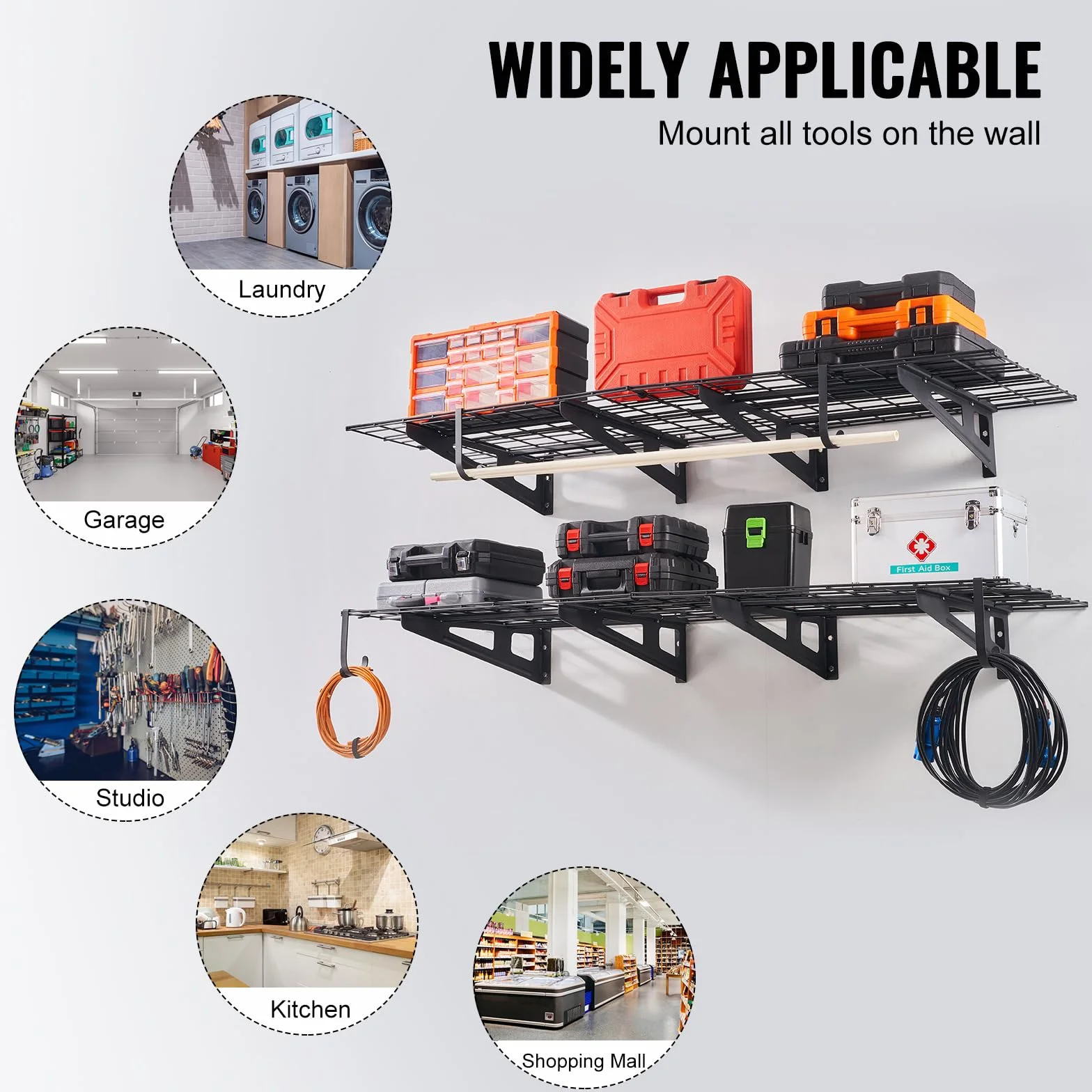 VEVOR 2 sztuki, 1,8 x 0,6 m wytrzymały montowany na ścianie, nośność 453 kg (całkowita) półki pływające, odpowiednie do sklepu, szopy, garażu, czarny, 183 x 62 x 20 cm