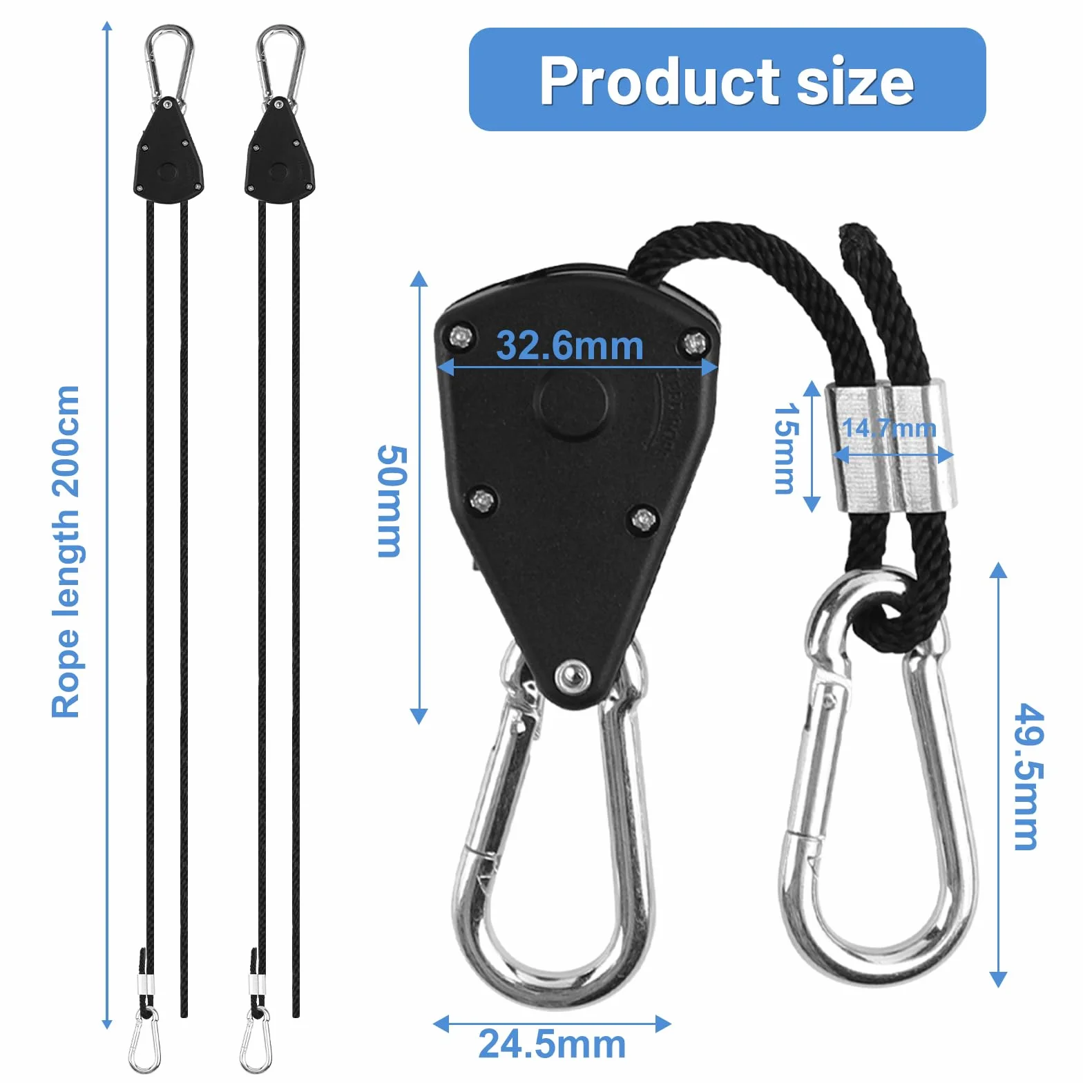 LALAGO 8 Stück Ratchet Hanger,Einstellbare Seil Seilhaken Ratsche Seilratsche 2M,1/8 Zoll Seilaufhänger Seilzugratsche Ratschenseil für Pflanzenventilator Licht Zimmerpflanzen