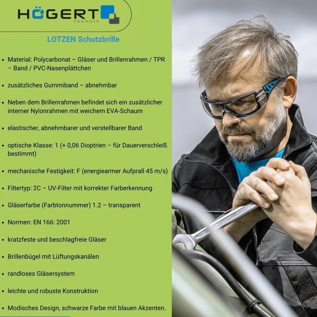 Högert Technik - LOTZEN okulary ochronne przezroczyste/niebieskie jednokolorowe/ochrona oczu, ochrona przed promieniowaniem UV – odporne na zarysowania okulary ochronne do zastosowań przemysłowych i
