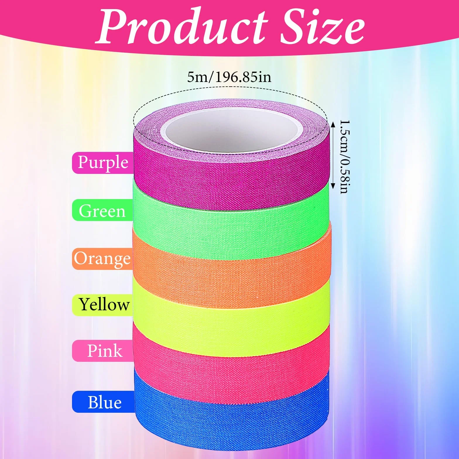 TIESOME 6 rolek neonowej taśmy klejącej, taśma fluorescencyjna UV, czarne światło, 1,5 cm x 5 m, taśma świetlna, dekoracja na imprezę i projekty artystyczne, 6 kolorów (niebieski, pomarańczowy, różowy