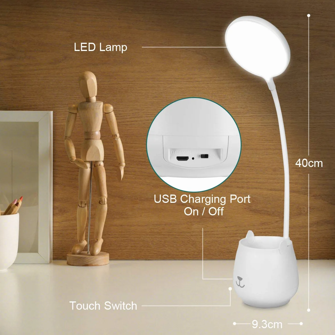 URAQT Lampy na Biurko, Lampa Stołowa LED z Pojemnikiem na Długopis, 4 W, elastyczna lampa do czytania, 3 tryby oświetlenia, sterowanie dotykowe, ładowanie USB, ściemniane przyjazne dla oczu lampy biurkowe do pracy i nauki