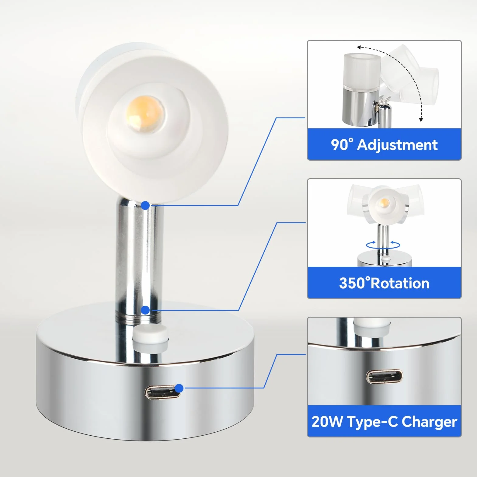 acegoo Lampa do czytania 12V, kamper nocny, ściemniana, obrotowa lampa ścienna LED z ładowarką USB C, matowy akrylowy abażur do kampera, DC 12-24V, chromowany