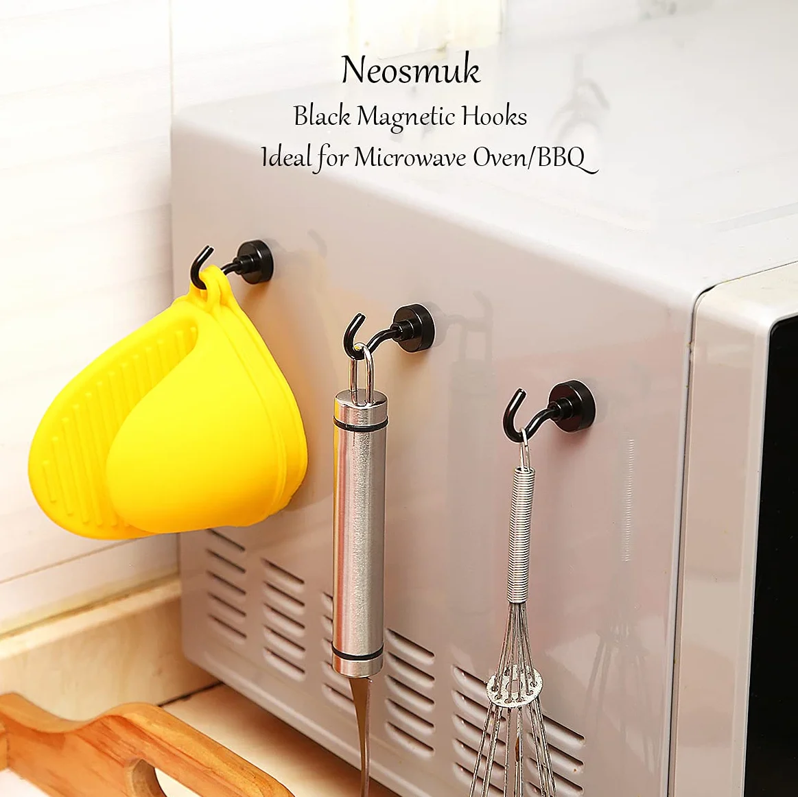 Neosmuk Czarne haczyki magnetyczne, 10 kg + wytrzymałe magnesy z haczykiem na lodówkę, bardzo mocny super hak do zawieszenia, magnetyczny wieszak na zasłony, grill, ręcznik, sufit, 6 sztuk