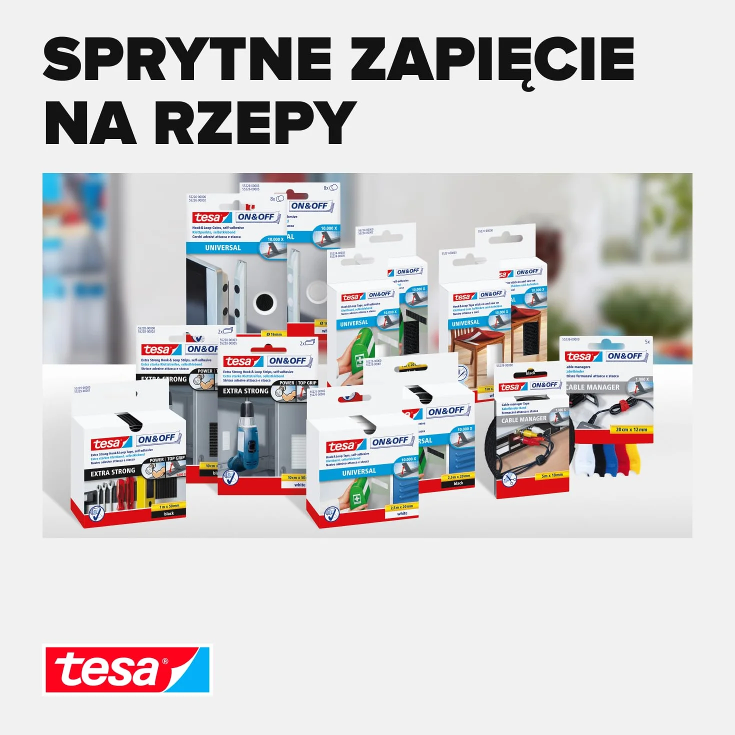 tesa On & Off taśma na rzep do naklejania – samoprzylepna taśma na rzep do mocowania lekkich przedmiotów – czarna, 2 cm x 250 cm