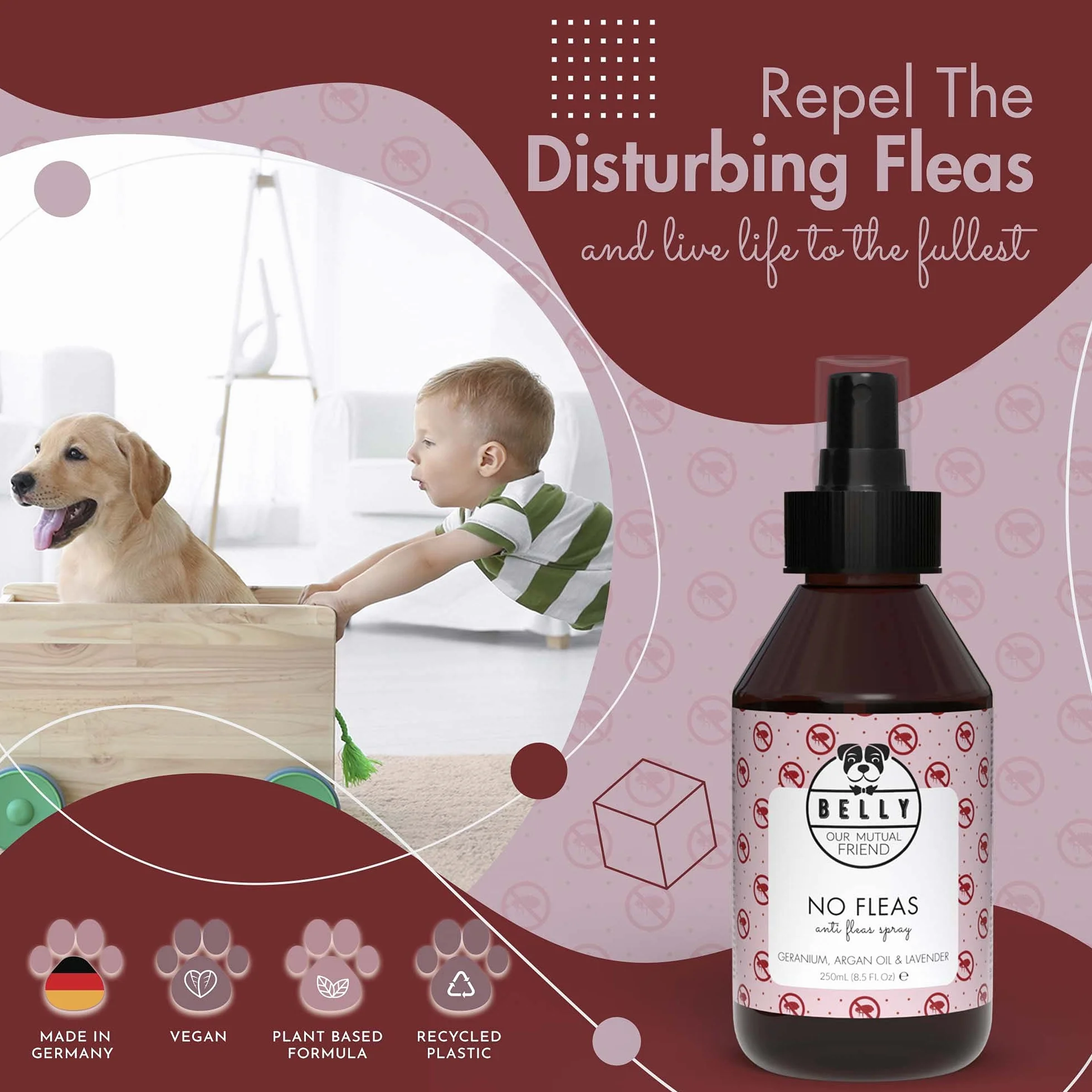 Belly Spray przeciw pchłom, 250 ml, bez plam i pozostałości, domowy spray przeciw pchłom z lawendą, geranium, olejem arganowym, chroni pchły, kleszcze i komary - Wegański - Wyprodukowano w Niemczech