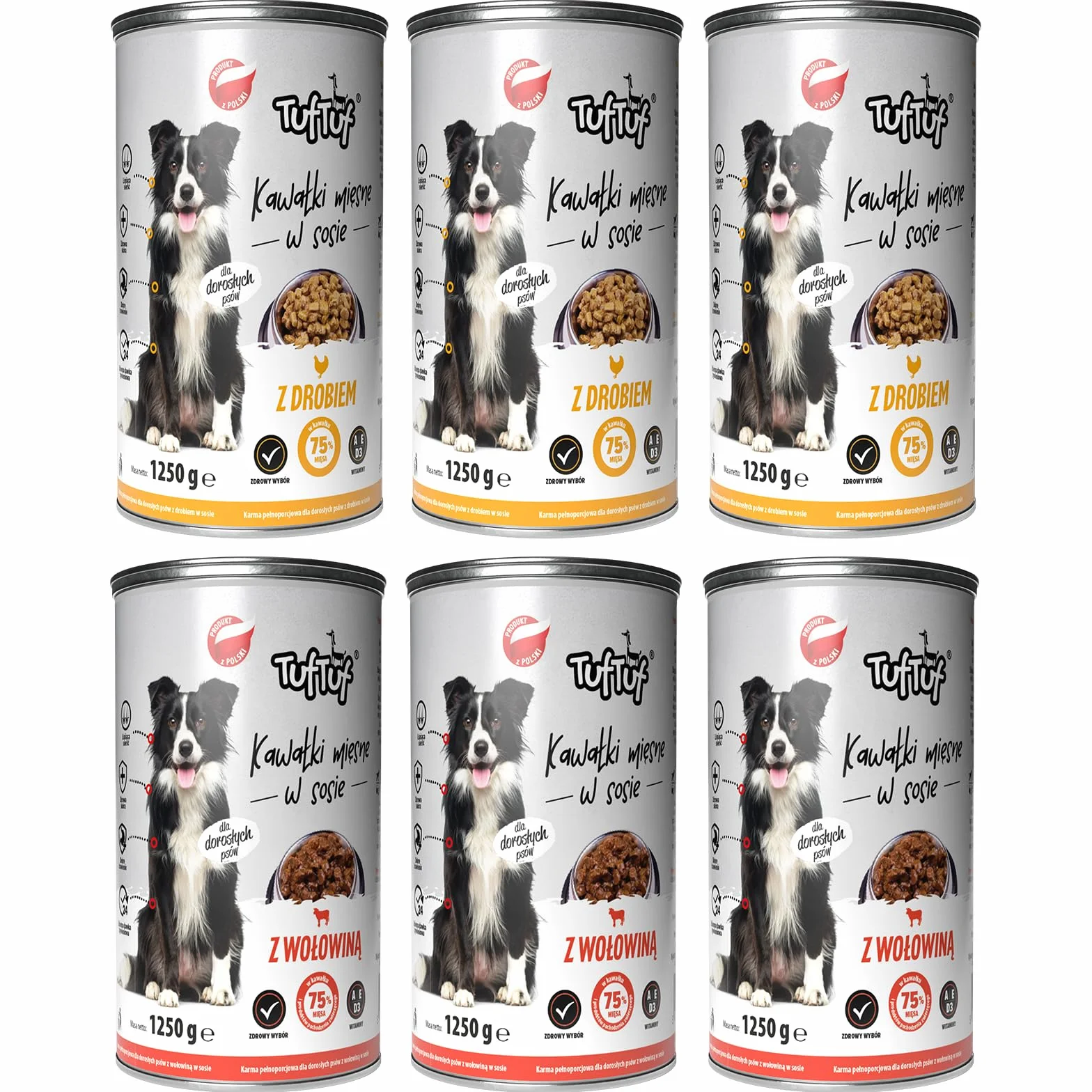 TufTuf, Mokra Karma dla Psa, Mix Smaków Drób i Wołowina, 1250g x 6 Puszek, Kawałki Mięsne w Sosie, dla Dorosłych Psów