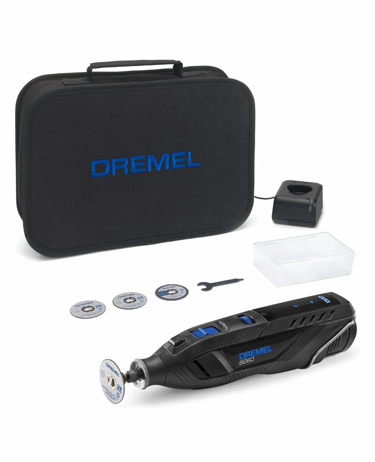 Dremel 8260, Akumulatorowe narzędzie wysokoobrotowe z silnikiem bezszczotkowym i aku. litowo-jonowym 12V 3Ah, zestaw z 5 akcesoriami, regulacja prędkości 5 000 – 30 000 obr./min