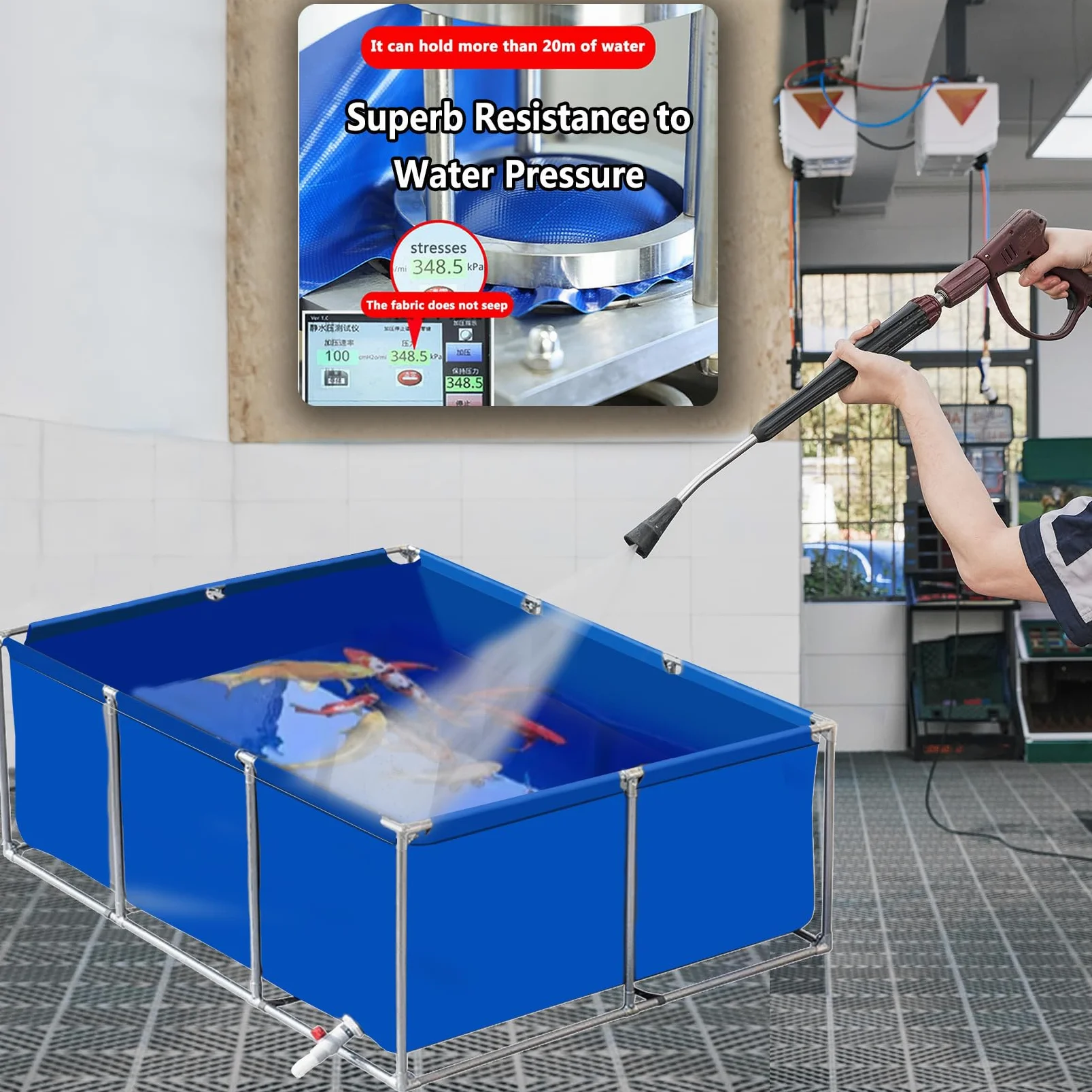 Akwarium zewnętrzne - Duży zbiornik na karp Koi i żółwie, PVC ze stalową ramą, niebieski, 1 x 1 x 0,6 m (3,3 x 3,3 x 1,9 stóp)