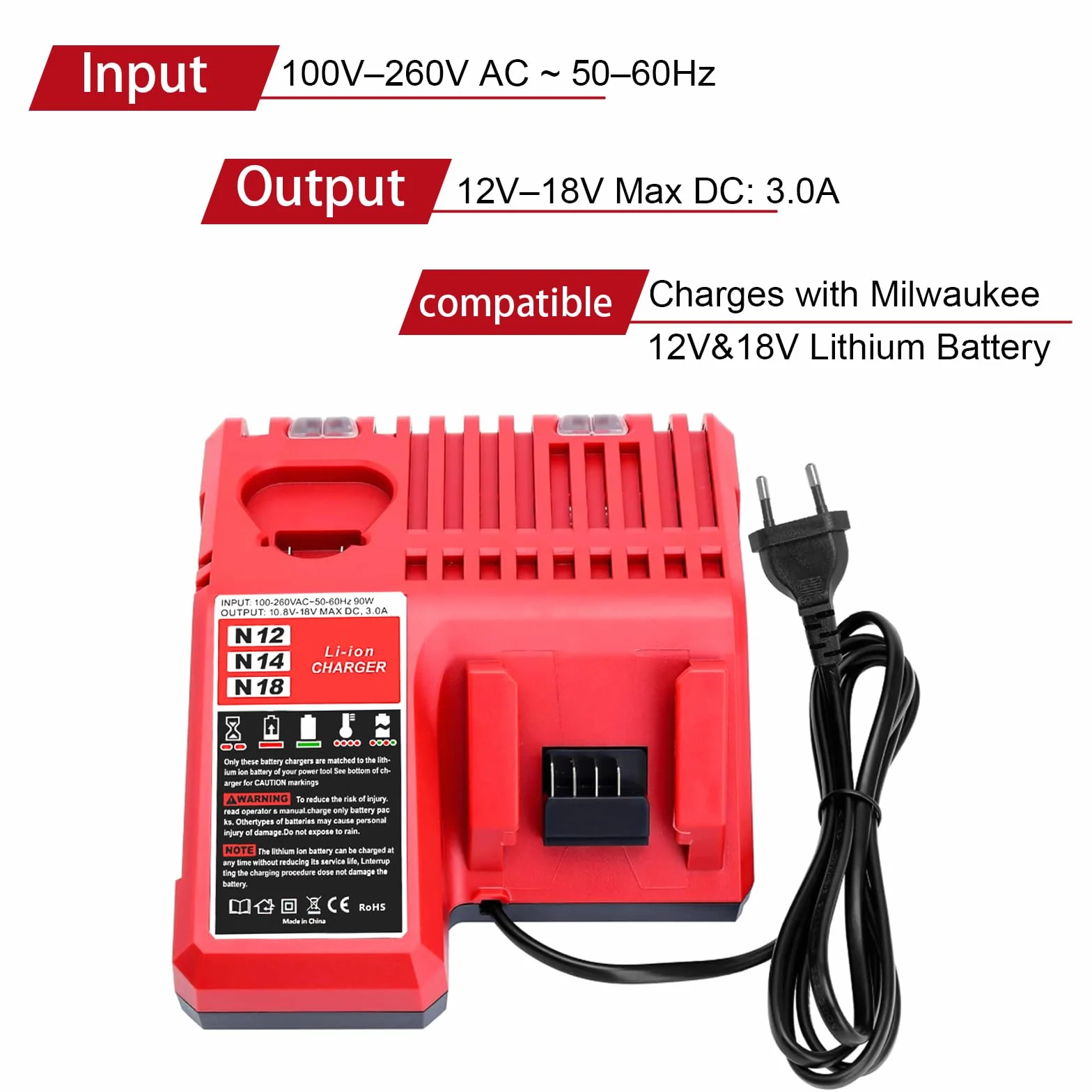 Powarobor M12-18C Multi-Voltage zapasowa ładowarka do szybkiego ładowania, kompatybilna z akumulatorami litowo-jonowymi Milwaukee 12V-18V 48-11-1850 48-11-2420,3A