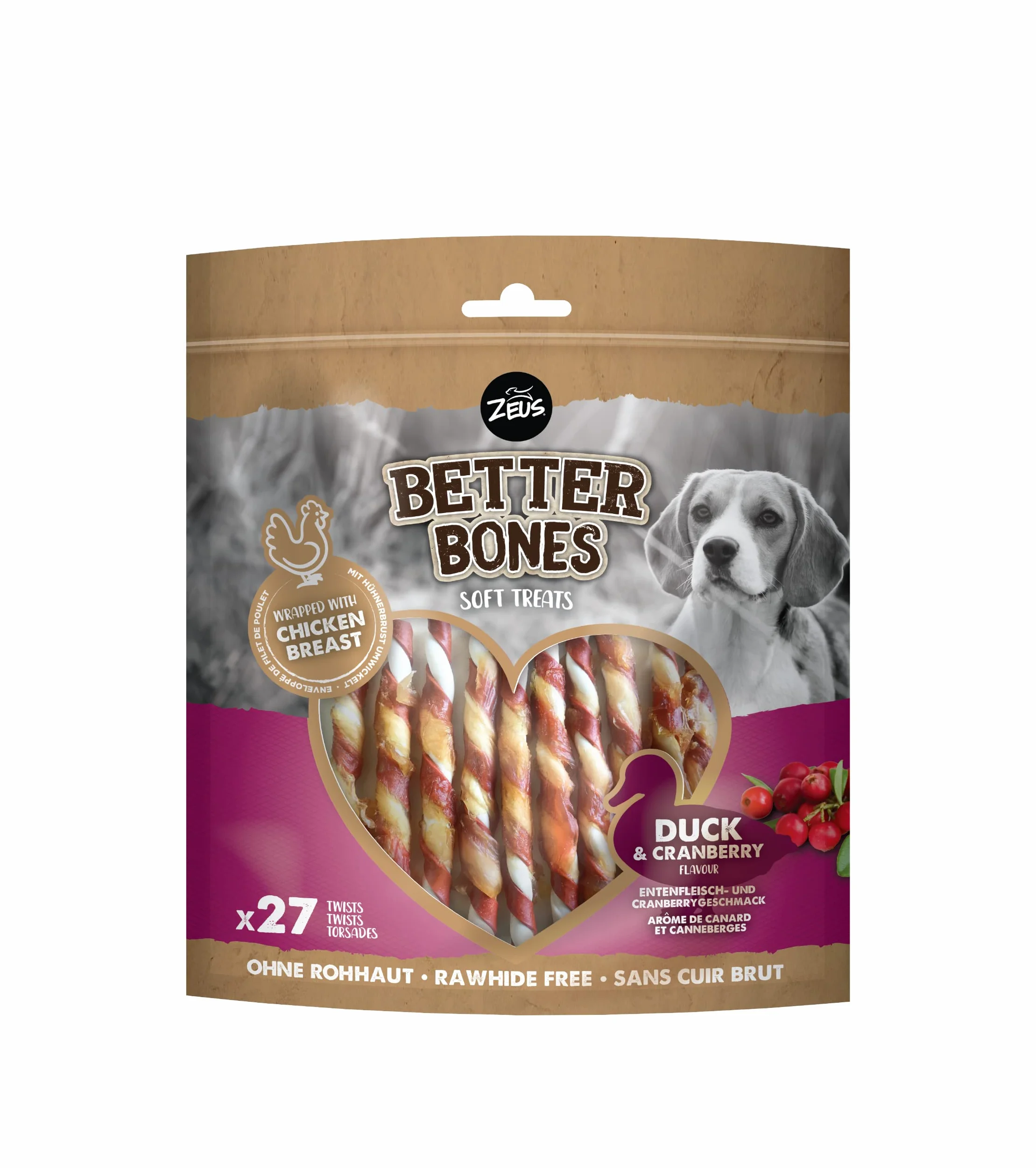 BetterBones – miękka przekąska do żucia dla psów, bez surowej skóry, owijane skręty z kaczką i żurawiną, 12,5 cm, opakowanie 27 szt