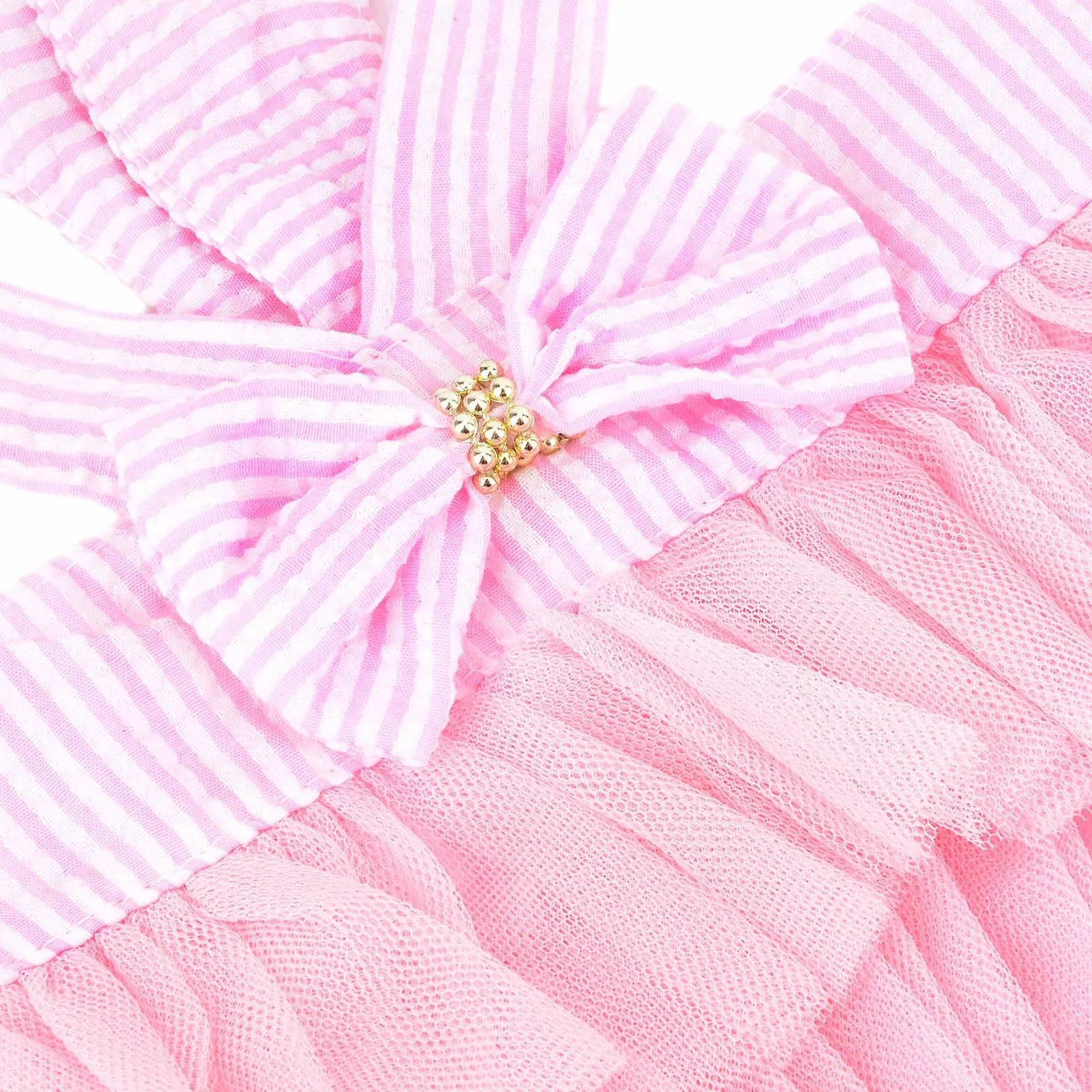 PAIDEFUL Sukienka dla małego psa w paski denim organza kokarda koraliki spódnica tutu lato miękka wygodna oddychająca ubrania dla szczeniaka bez rękawów guzik odzież dla kociąt, różowa, L
