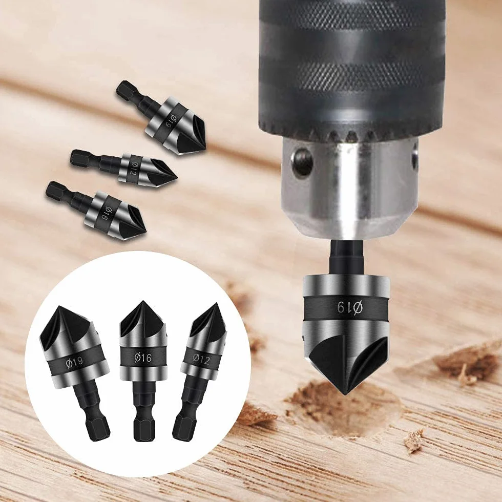 6 sztuk frez do fazowania 90 stopni, 5 fletów frez do fazowania, wiertło do fazowania ze stali węglowej, narzędzia do fazowania, do wiercenia i fazowania (12 mm, 16 mm, 19 mm)