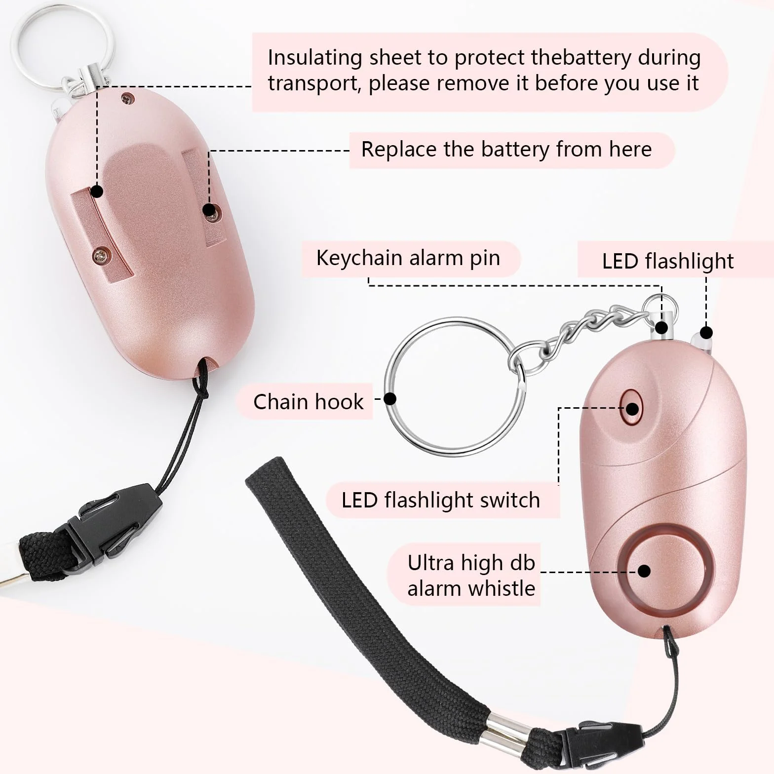 Alarm osobisty 140 dB LED Zestaw 2 breloków syreny dla kobiet różowy czarny