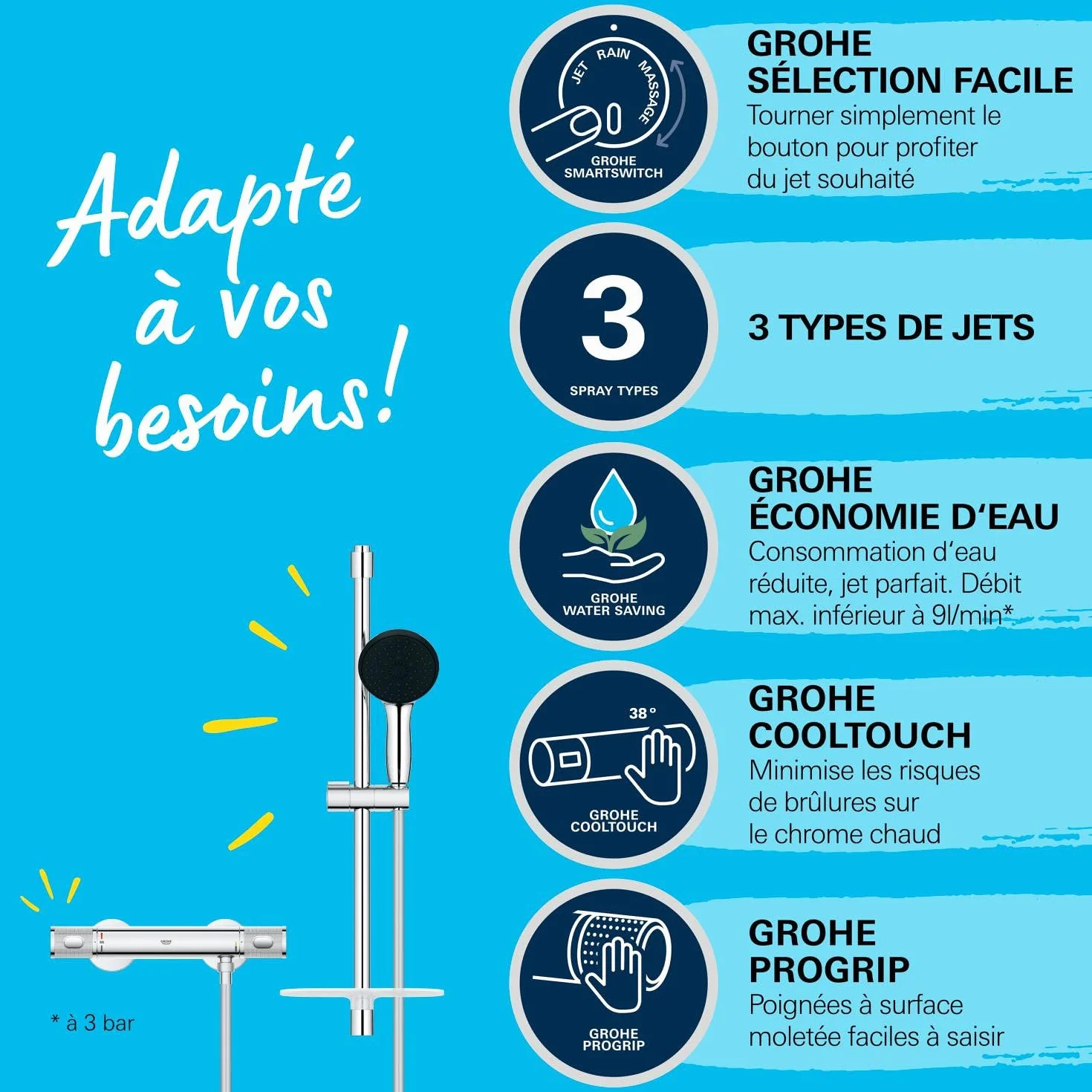 Grohe Precision Feel 34791001 zestaw prysznicowy oszczędzający wodę ~ 8 l/min (3 rodzaje strumienia, CoolTouch – bez oparzeń na termostatze, drążek prysznicowy 60 cm, w zestawie z narzędziami