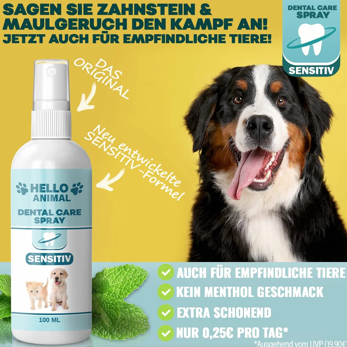 HelloAnimal® Dental Spray Extra Sensitive dla psów i kotów – spray dentystyczny z łagodną formułą na nieświeży oddech – środek do usuwania kamienia nazębnego również do szczelin – czyszczenie zębów i