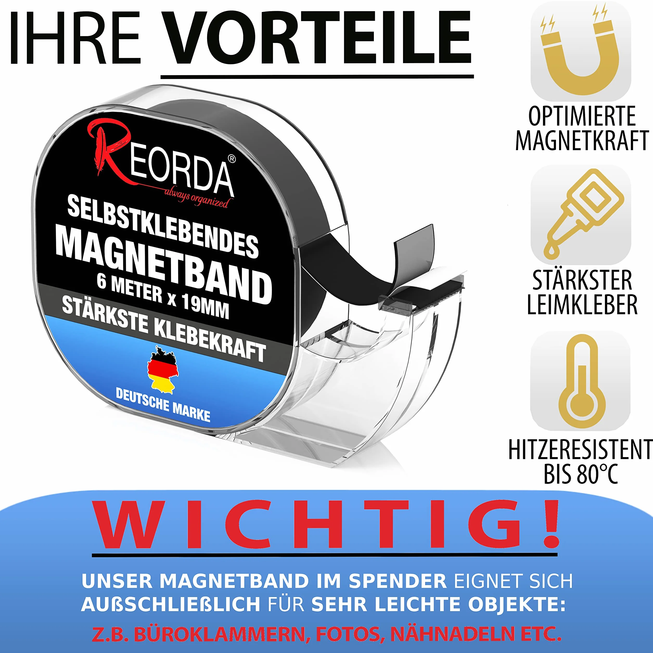 REORDA® Samoprzylepna taśma magnetyczna w dozowniku – paski magnetyczne – taśma magnetyczna doskonale nadaje się do kartek pocztowych, zdjęć i białych tablic (6 metrów)