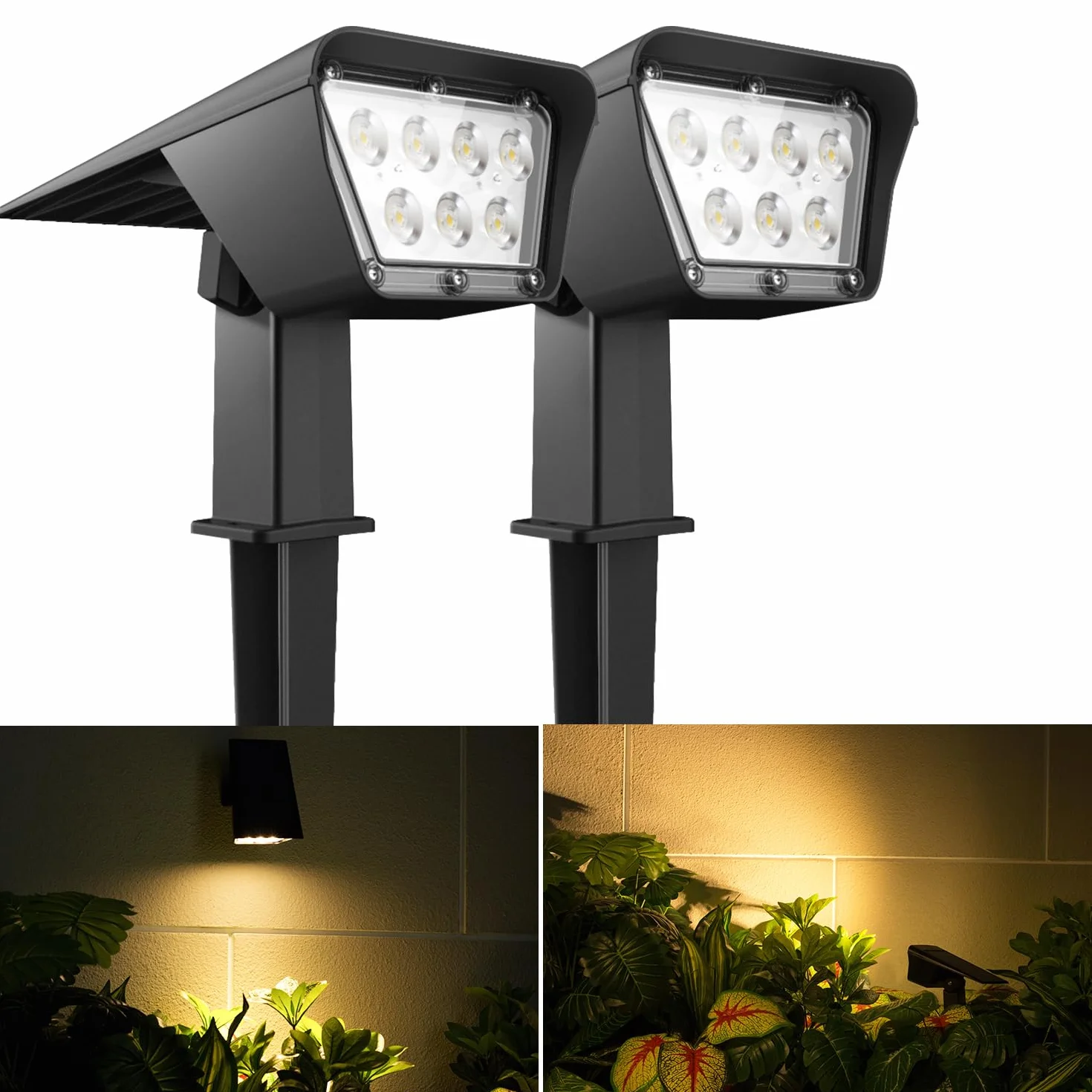 AGOTD Zewnętrzne światła słoneczne lampy ogrodowe IP65 Wodoodporny, ciepły biały 3000K 600LM reflektory słoneczne LED na zewnątrz dekoracyjne na podwórku trawnik basen, 2 sztuki