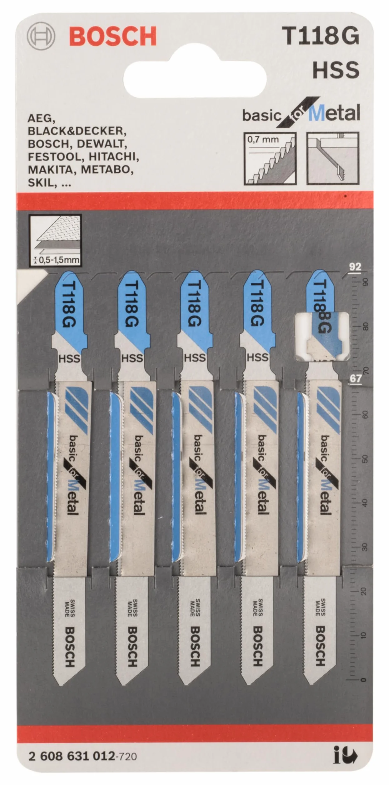Bosch 5x Brzeszczot do wyrzynarki T 118 G Basic for Metal (do Blachy stalowe, długość 92 mm, profesjonalne akcesoria do wyrzynarki)