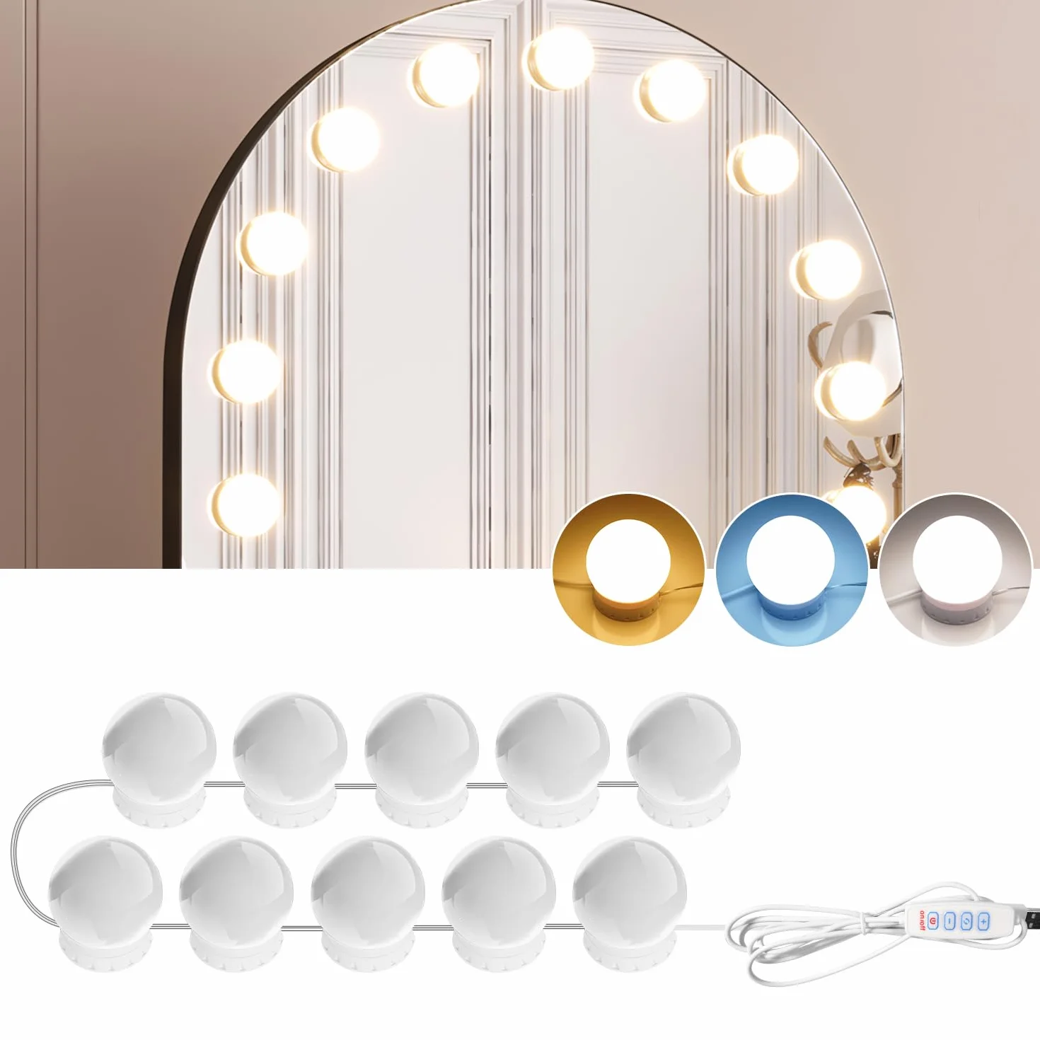 Lampki LED do Luster Kosmetycznych, Lampki Kosmetyczne z 10 Żarówkami z Regulacją Jasności, 3000K 4000K 9000K i 10 Poziomami Regulacji Jasności, do Makijażu, Garderoby, Łazienki