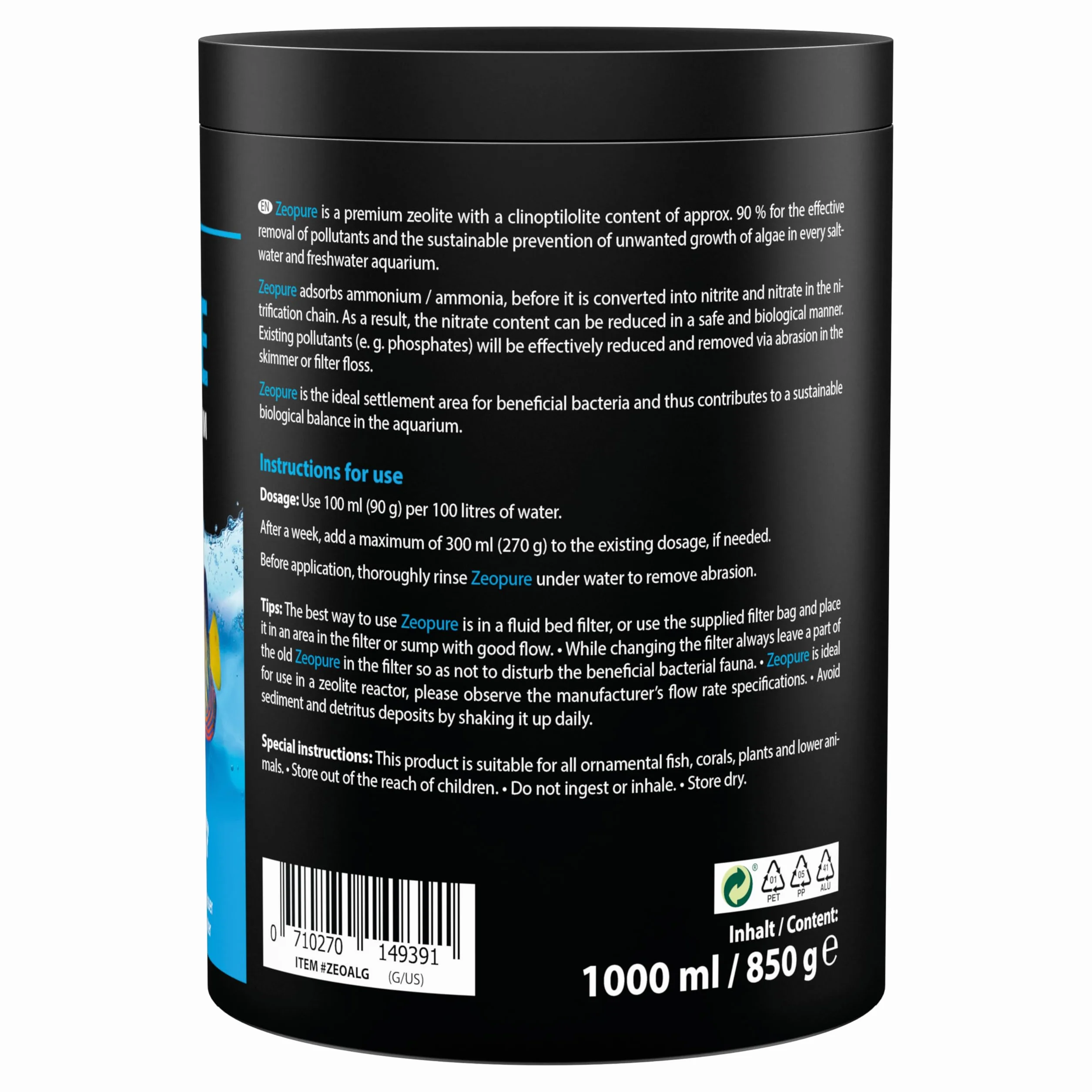 MICROBE-LIFT Zeopure - Premium Zeolith medium filtracyjne, pomaga w walce z algami, toksycznymi substancjami i metalami ciężkimi w akwarium, 1000 ml