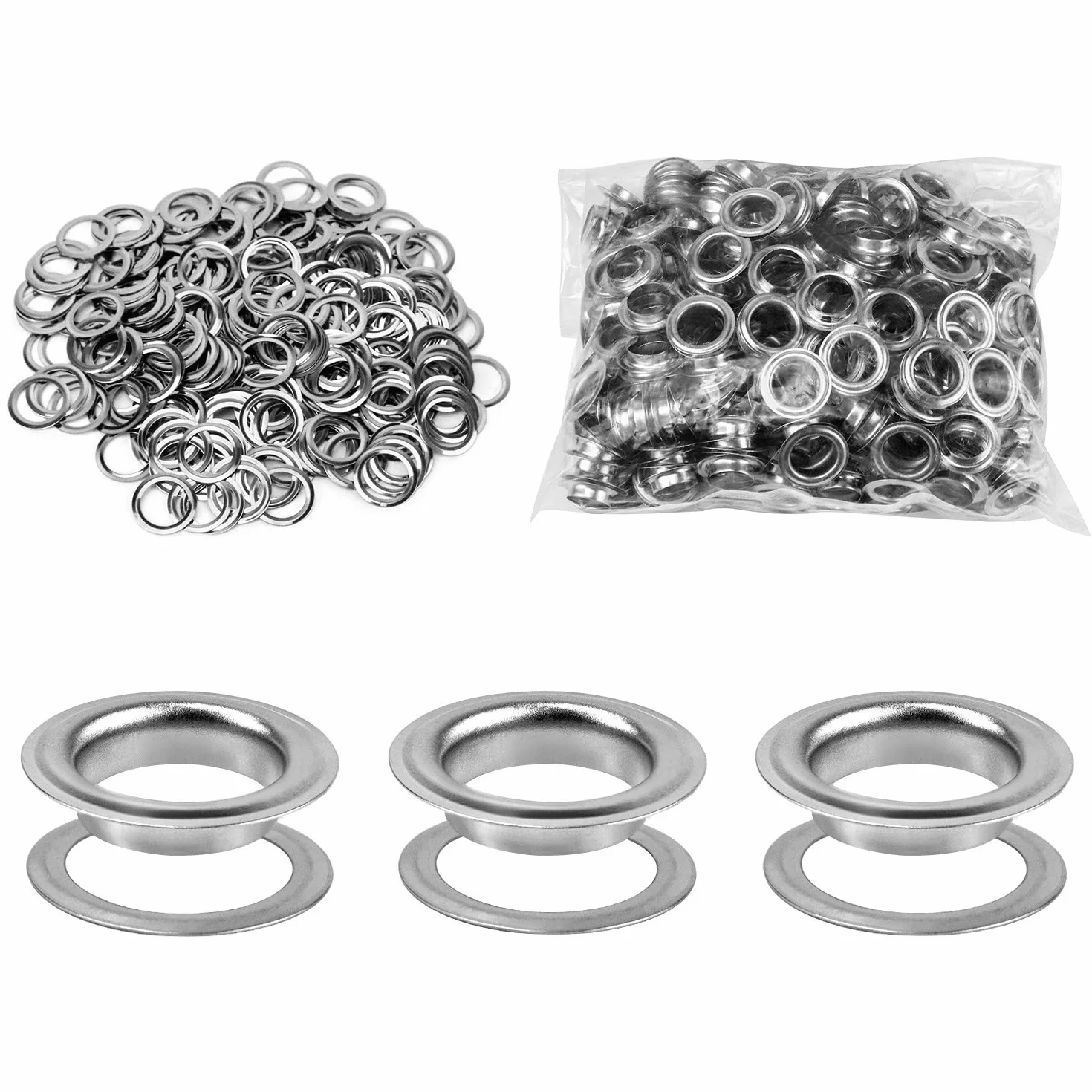 QWORK Zestaw narzędzi do przelotek, 500 sztuk przelotek i 500 sztuk podkładek do oczek, 12 mm (1/2 cala), srebrny, do butów, odzieży, plandek z tkaniny skórzanej, washer self backing