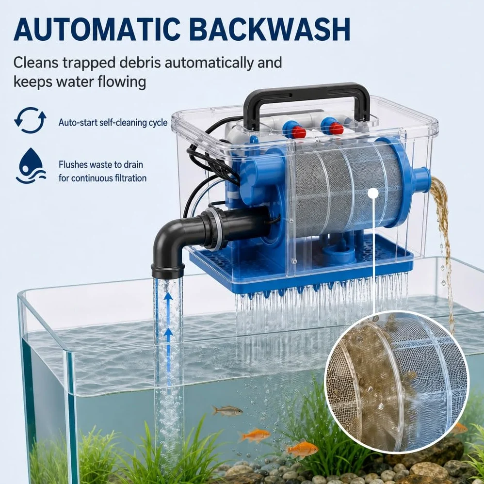 Automatyczny filtr bębnowy z płukaniem wstecznym, 5000 l/h, Samoczyszczący | Obrotowy mikrofiltr 75 μm, 200 oczek, sito ze stali nierdzewnej, do oczek wodnych, akwariów, akwakultury, ogrodu, krajobrazu