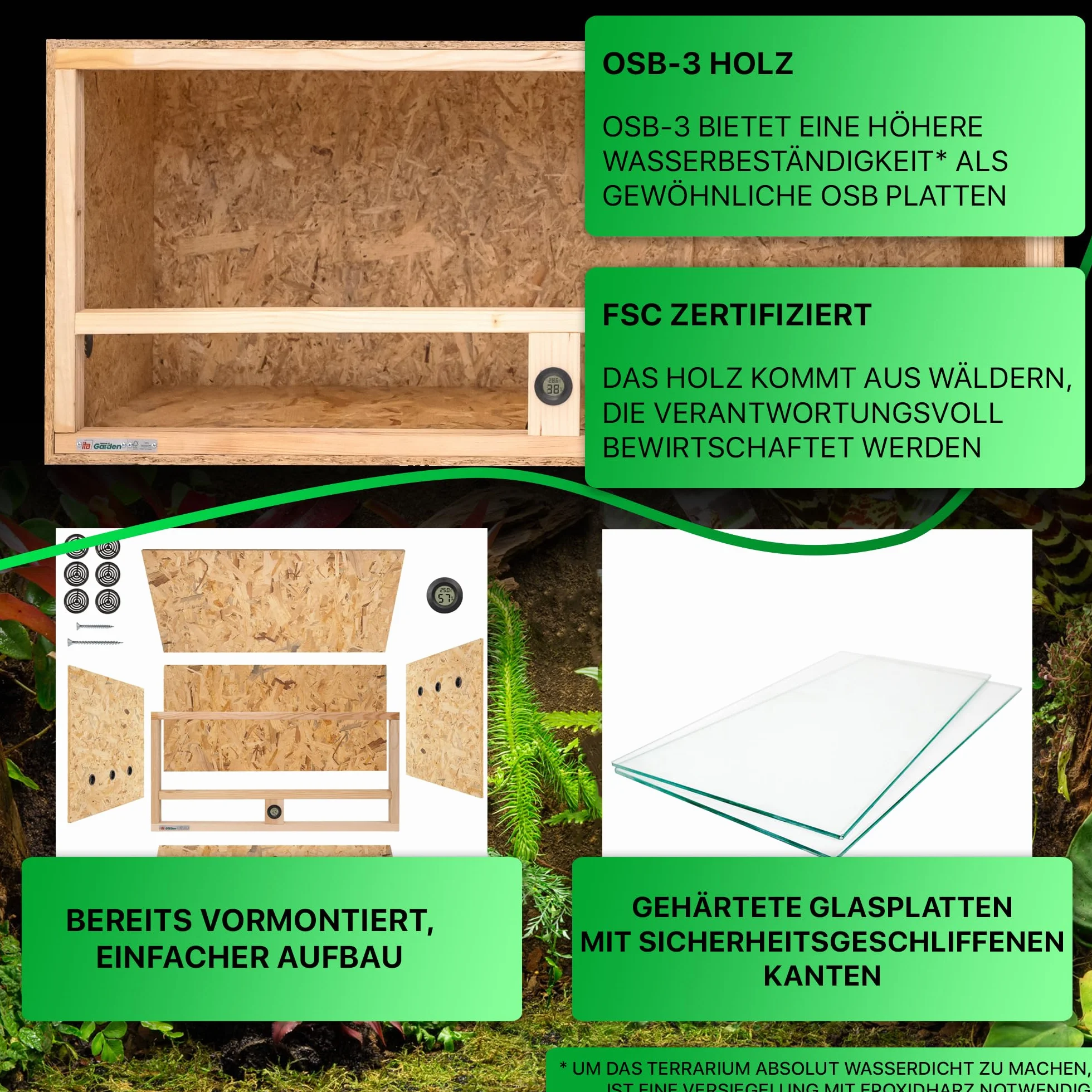 ITA Drewniane terrarium 120 x 50 x 50 cm ze zintegrowaną wentylacją i higrometrem, drewniane terrarium OSB-3, dla gadów, węży, płazów - produkt UE, certyfikat FSC