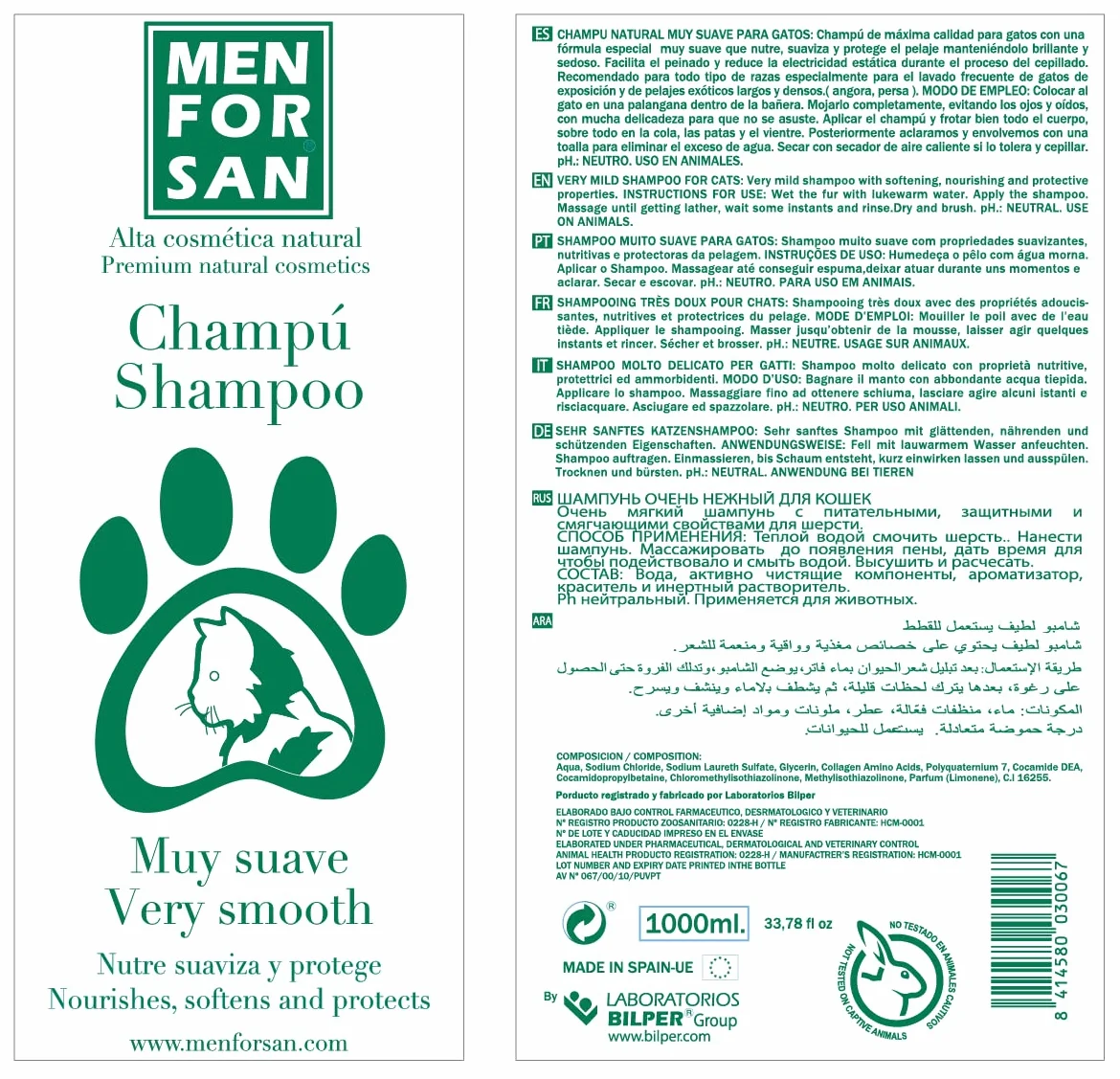 MENFORSAN Bardzo Delikatny Szampon Dla Kotów | Odżywia, Zmiękcza i Chroni Sierść | Nadaje Połysk | Ułatwia Szczotkowanie | Zawiera Naturalny Kolagen | Zapach Truskawkowy | 1L